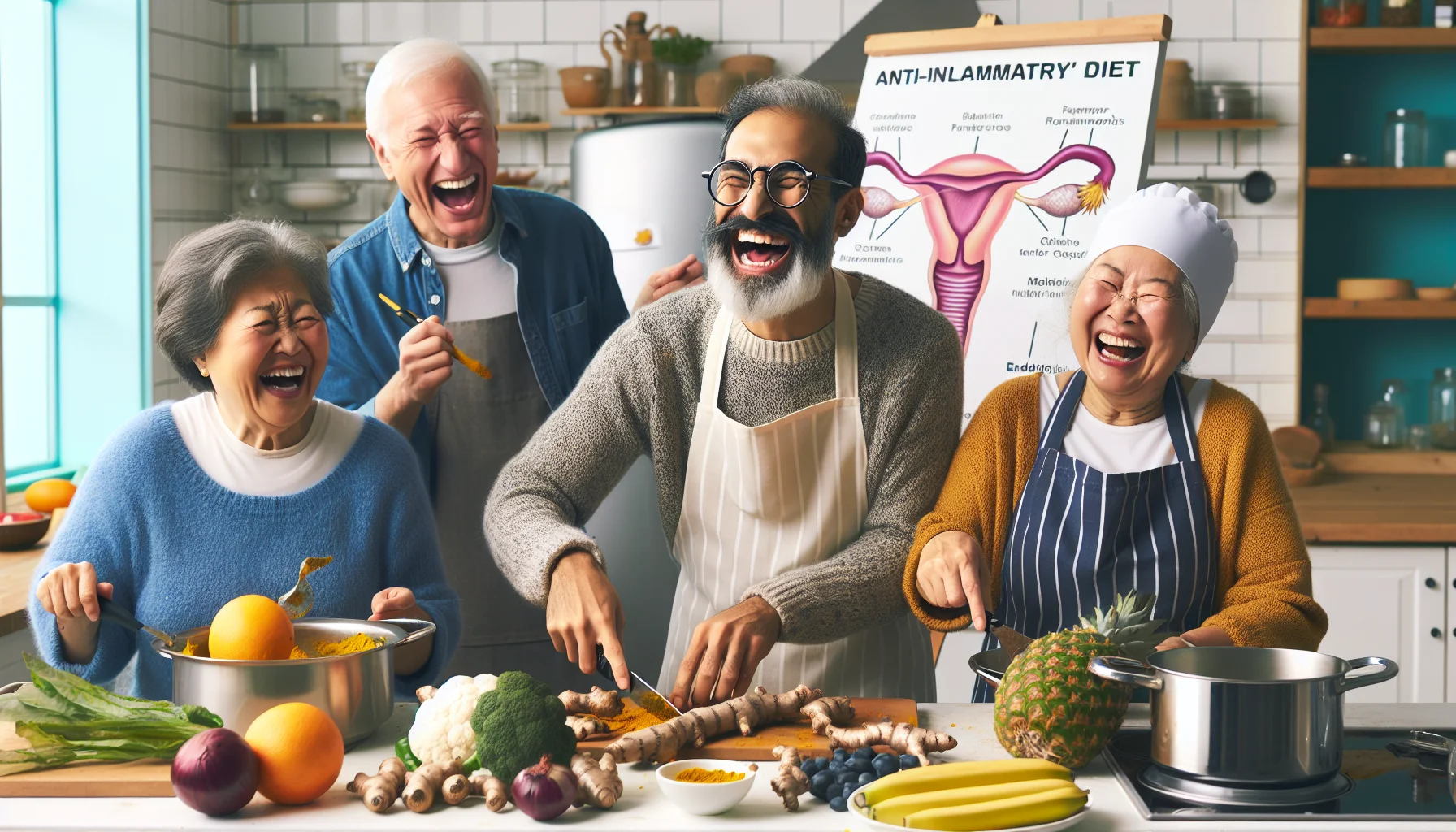 Let's depict a lighthearted, realistic scene of a senior citizen group in the middle of an 'anti-inflammatory diet' cooking class. The class is taking place in a bright, well-stocked kitchen. You have a Middle-Eastern elderly woman laughing as she peels a turmeric root, a Caucasian elderly gentleman wearing glasses is hilariously struggling to chop a pineapple, and a Black elderly woman is grinning while stirring a large pot of colorfully assorted vegetables. A South Asian male nutritionist stands by, with a supportive smile, pointing at a chart illustrating endometriosis-friendly foods.