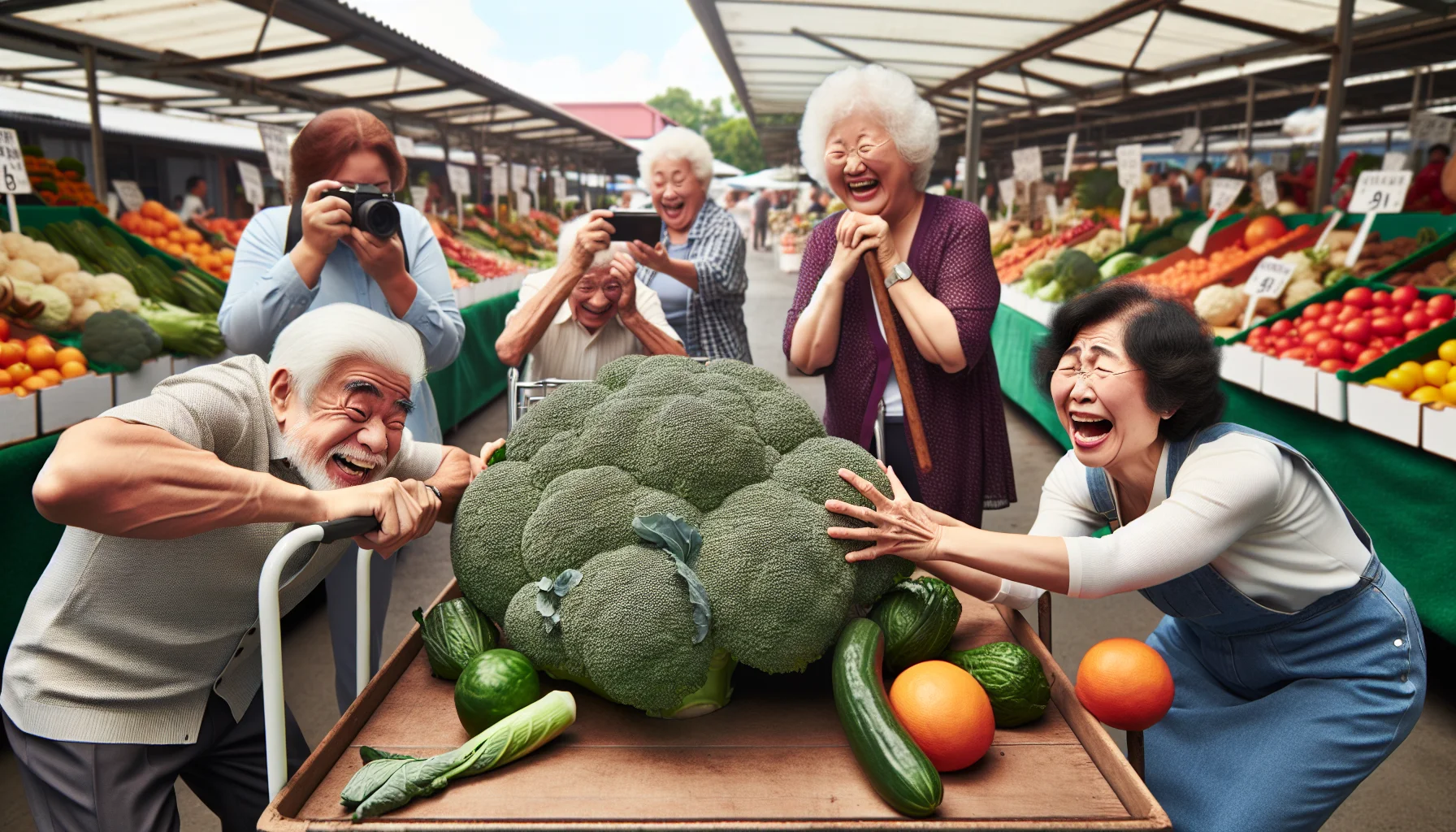 Create an amusing and realistic image featuring an elderly Caucasian man and Asian woman in their sixties. They are chuckling while at a farmers market, analyzing gigantic versions of fruits and vegetables known for their high vitamin content. They are using walking sticks as measure for scale. On another stall, Black and Middle-eastern senior women are trying to move a massive broccoli as if it was a weight lifting competition. All around, Hispanic seniors are snapping photos, enjoying the humor in the spectacle. Emphasize that this is a light-hearted scene, promoting the idea of eating fresh, healthy foods for better nutrition in their age group.