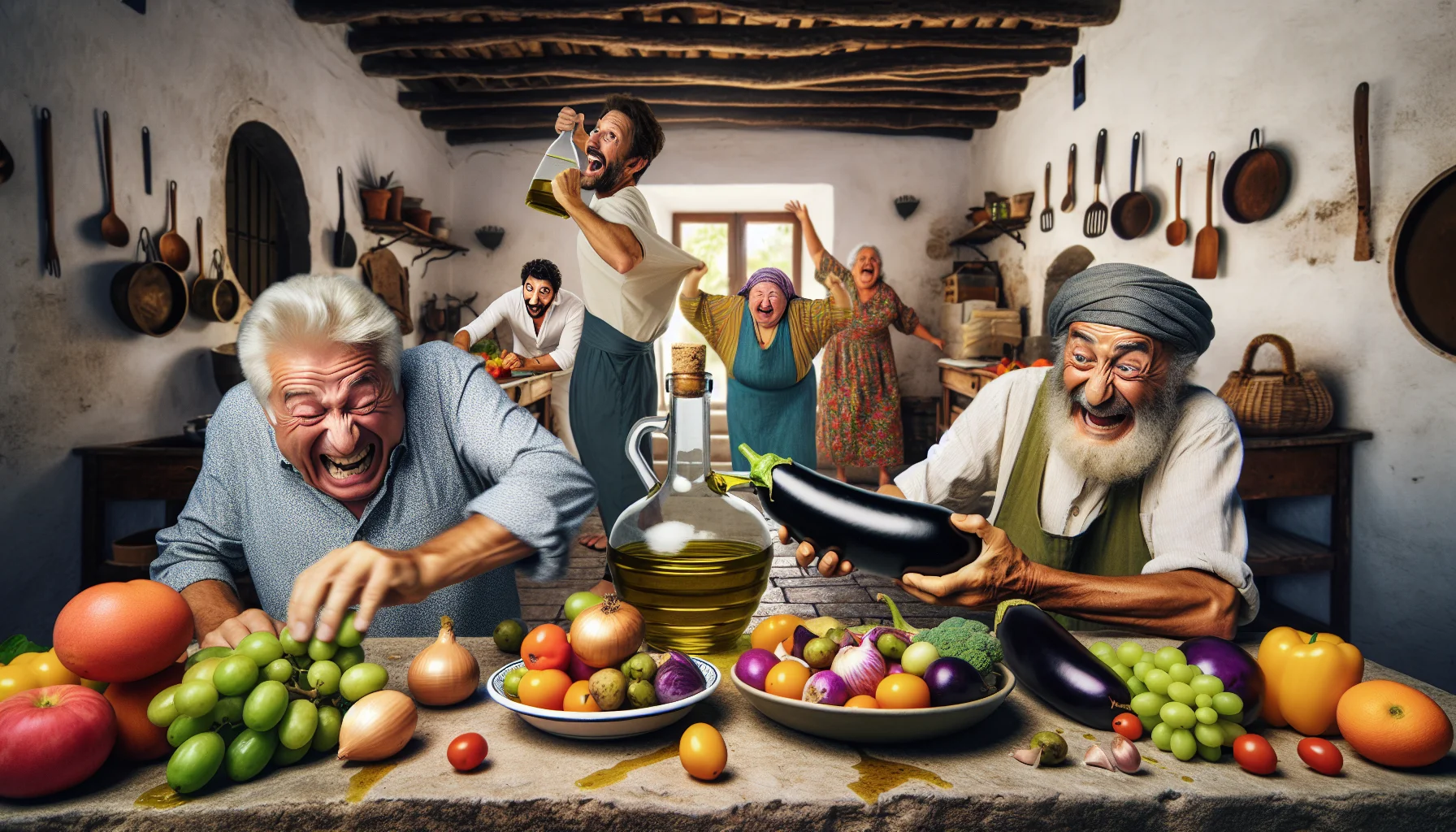 Imagine a humorous scene in a rustic Mediterranean kitchen. An older Caucasian man is struggling to open a large olive oil bottle with exaggerated effort, laughing at the situation. On the other side, an elderly Middle-Eastern woman is trying to balance a tall tower of colorful fruits on a small plate while chuckling. A South Asian elderly man is in the background, chasing a runaway eggplant across the stone floor. There is a vibrant bowl of salad in the center of the table, and a wholesome, healthy Mediterranean meal is still being prepared, despite all the lighthearted chaos.