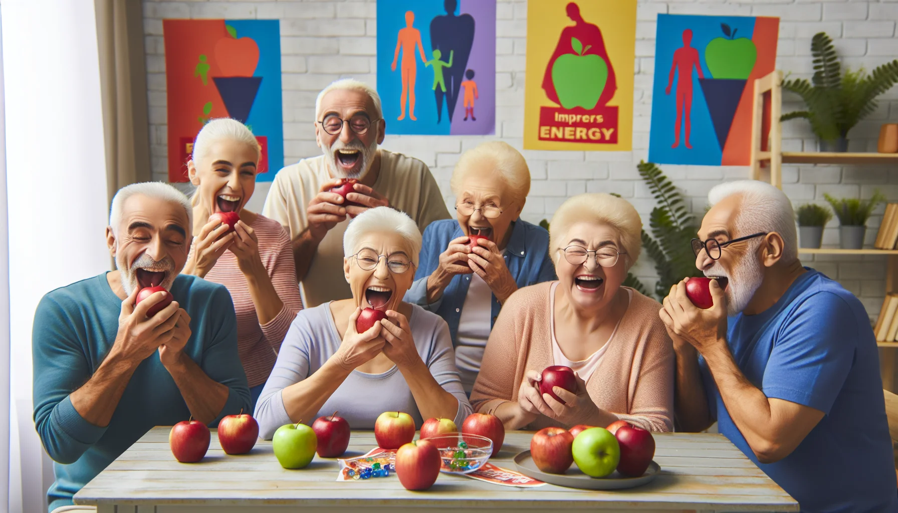 Craft an amusing yet grounded scene which represents the concept that apples impart energy. The setting is a lively senior citizens shared home, where a group of cheerful elderly individuals of various descents including Hispanic, Caucasian, Middle Eastern and South Asian are enthusiastically participating in a lively apple-eating contest. Surrounded by colorful posters promoting healthy diet choices, they are animatedly crunching through bright red apples. Their expressions are a mix of joviality and surprise as they find themselves feeling re-energized after every delicious, energy-packed bite.