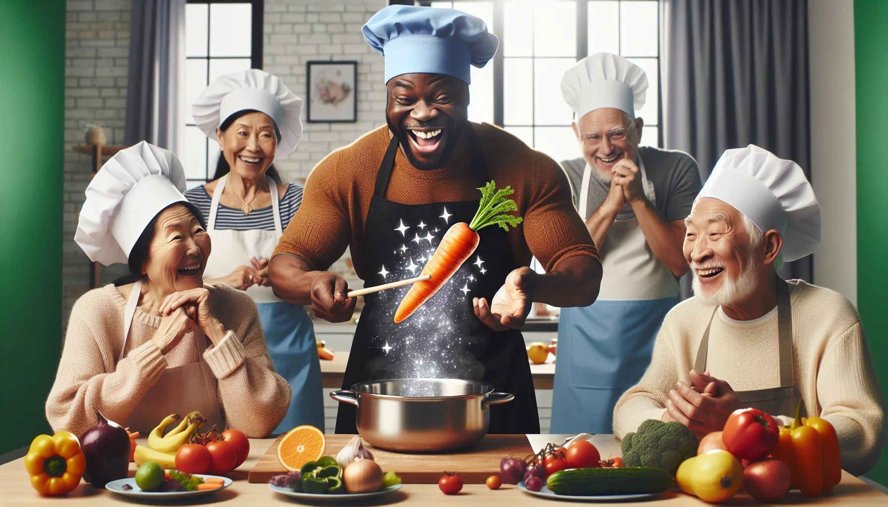 Create a humor-filled, realistic image set in a community center in Erie County, known for senior services. The scene depicts an interactive cooking class led by an energetic Black male instructor in his 60s. He's using a comically large carrot as a magic wand, with sparkles around it to emphasise the 'magic' of nutritious food. Seated around the table, an Asian woman and a Hispanic man, both elderly, are wearing oversized chef hats and aprons, chuckling at the instructor's antics. They're preparing colorful plates of healthy food with an array of fruits, vegetables and whole grains. The mood is light-hearted.