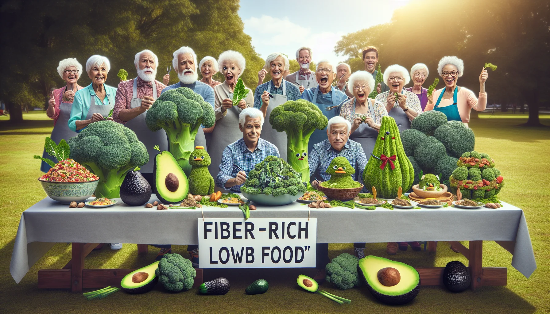 Create a humorous realistic image featuring an elderly group in a unique situation. They're having a grand 'fiber-rich, low-carb food' cook-off in a sunny park. The scene showcases surprising yet healthy foods like avocados shaped like cute animals, broccoli forests, and towering kale salads. The elderly participants, a blend of different descents including Caucasian, Hispanic, and Middle-Eastern women and men, show off their culinary creations with joy and competitive spirit. Their expressions and the vibrant colors of the food make the scenario comedy gold, subtly promoting the importance of high fiber-low carb diets for the elderly.