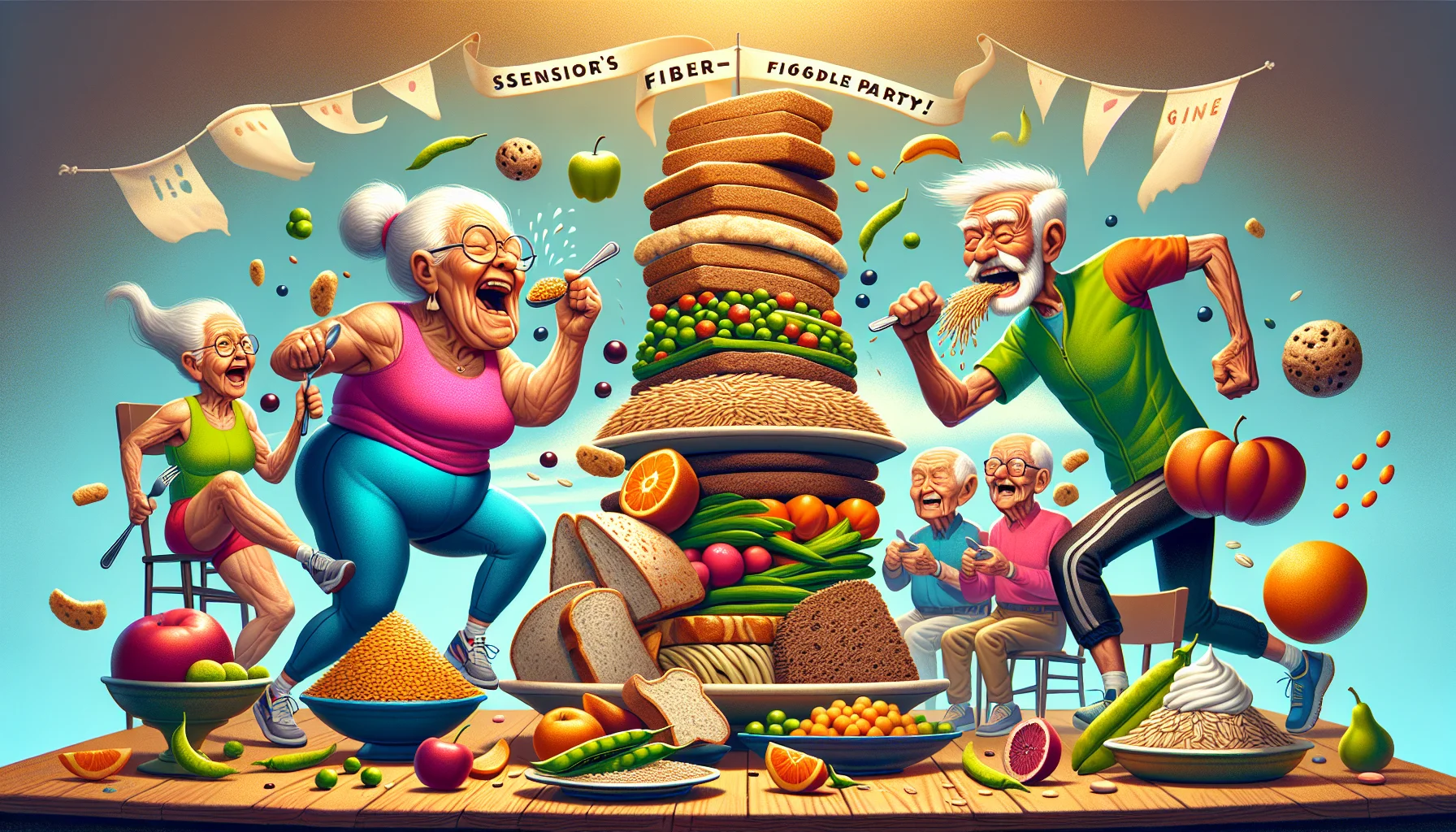 An amusing scene showcasing different foods high in insoluble fiber, organized comically. In the center, a couple of elderly individuals, a South Asian woman and a Hispanic man, both energetically dressed in vibrant athletic gear, enthusiastically devouring giant servings of whole grain bread and raw vegetables. Nearby, a plate piled high with brown rice, oats, and peas wobbles precariously, about to topple over. On another table, a pyramid of fresh fruits seems to defy gravity. In the background, a banner with the words 'Senior's Fiber-Rich Food Party!' flutters in a gentle breeze. The atmosphere is lively, warm, and engaging, emphasizing the joys of a healthy diet.