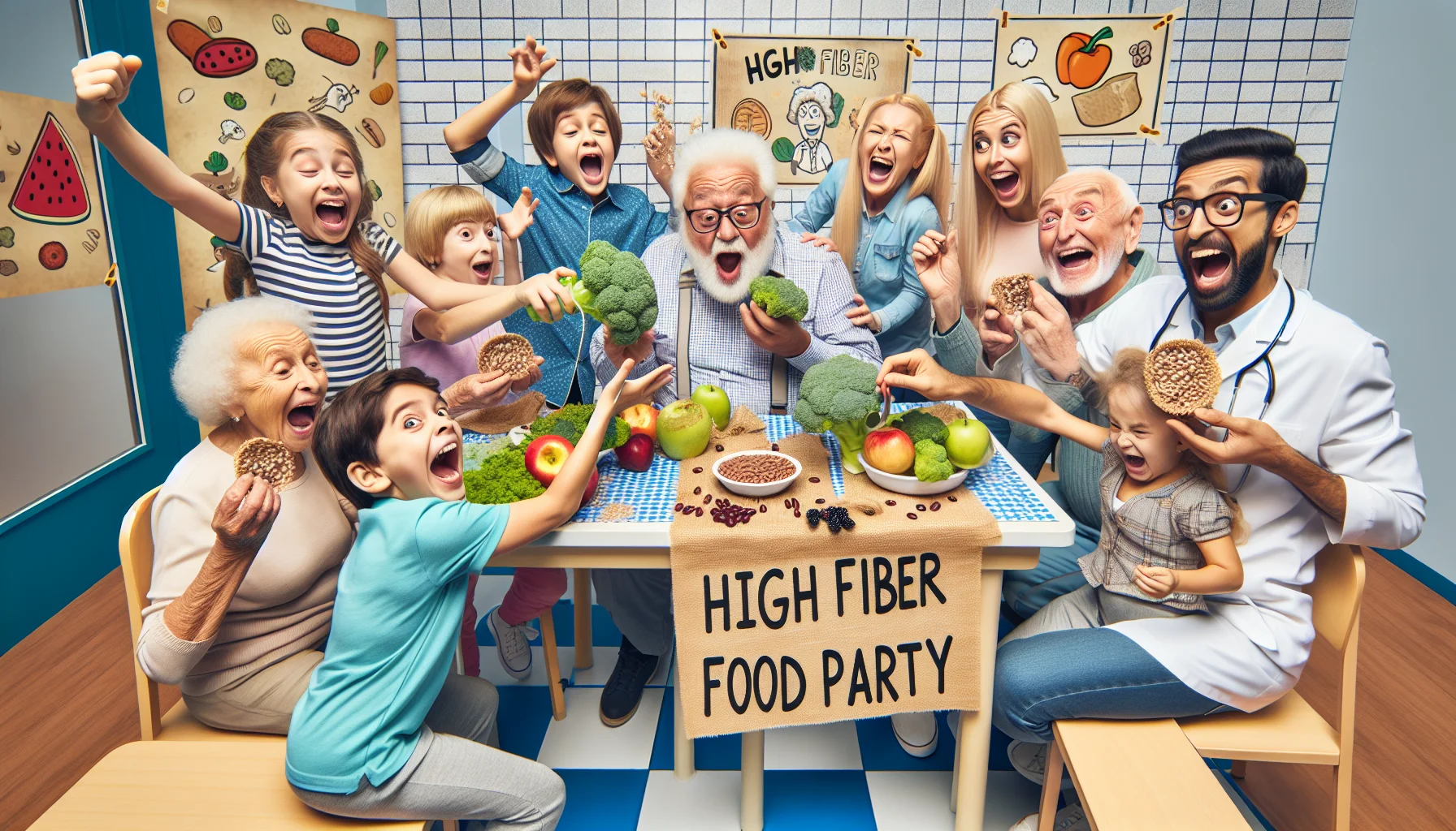 Create a humorous image taking place in a lively wellness center where young kids and elderly people of several descents including Caucasian, Hispanic, and Middle-Eastern are joyfully participating in a 'High Fiber Food Party'. This fun-filled scene includes kids playfully feeding the elderly with high-fiber foods such as broccoli, apples, beans, and whole grains. The older participants are showing exaggerated expressions of surprise and delight, while kids are giggling. There's a visible poster in the backdrop with humorous illustrations and quotes about healthy eating and high fiber diets.