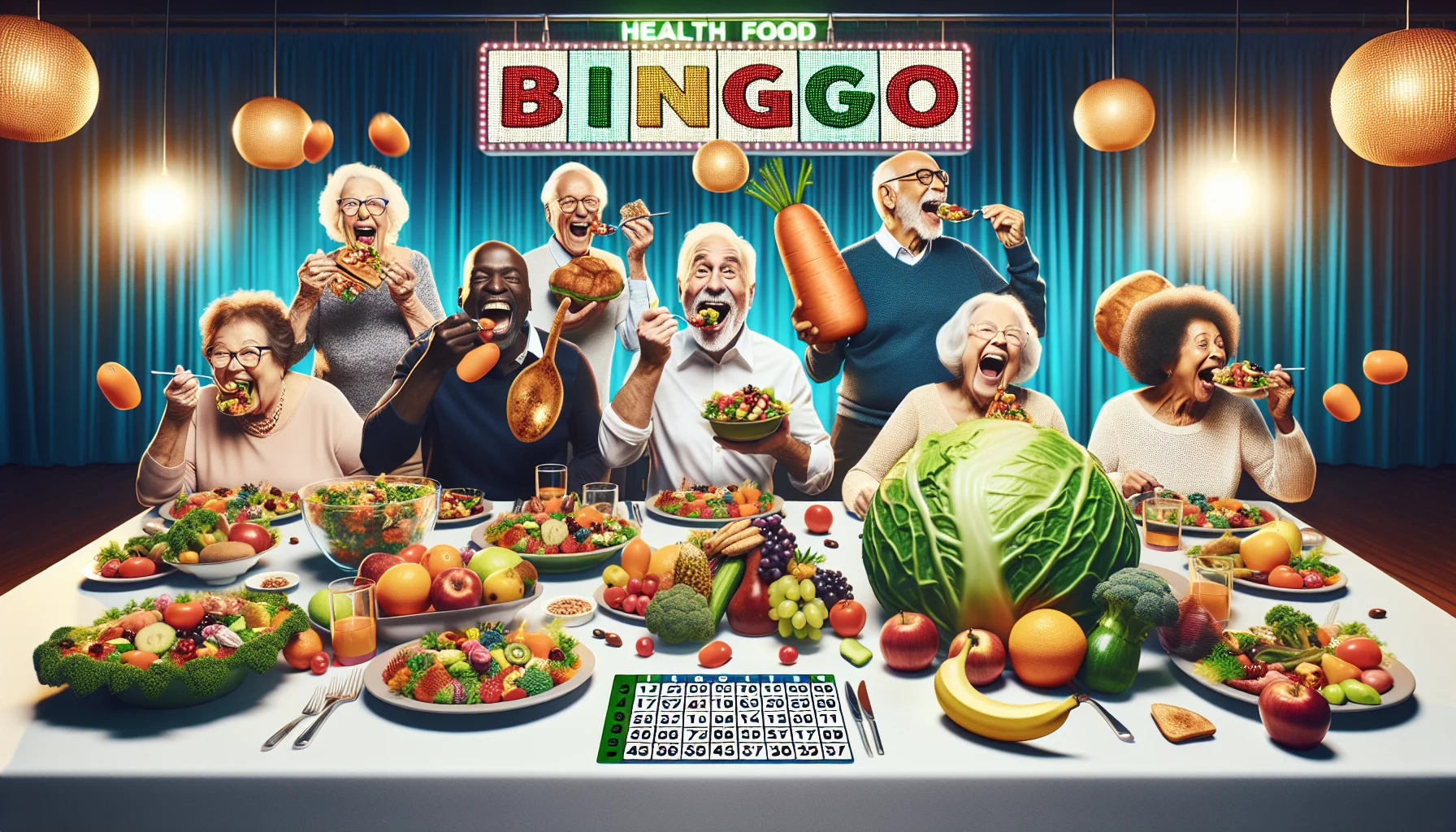 Create an amusingly realistic scene situated in a brightly lit community center. The image should depict a lively multicultural bingo night. Showcase an energetic Caucasian elderly woman, an animated Black senior man, a cheerful Hispanic elderly woman, and a lively South Asian senior man all gathered around a table. They are indulging in a feast of colossal salads, oversized fruits, and massive steamed vegetables, which are larger than their bingo cards. The winning bingo card is forgotten amidst the laughter, as a gigantic carrot lands on it, indicating the hilariously ironic health food bingo!