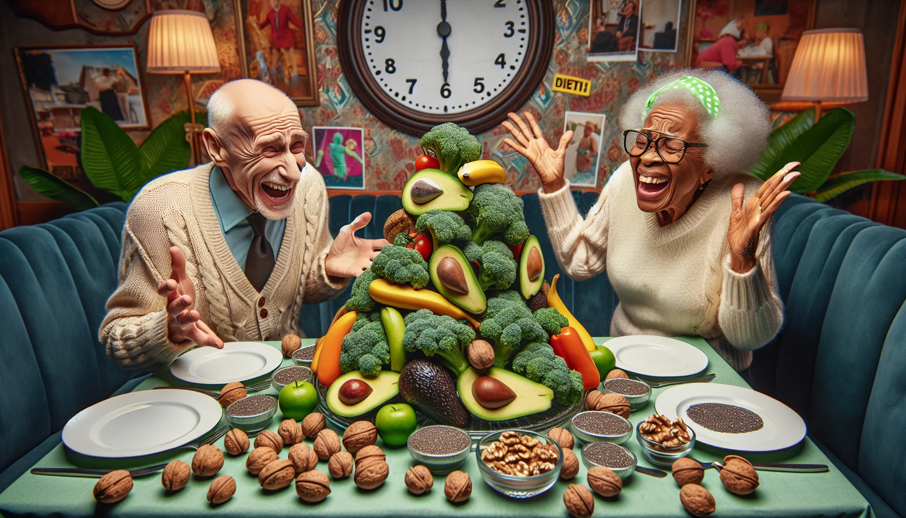 Create a humorously realistic image showing a variety of keto-friendly foods that are high in fiber. These foods could include avocados, broccoli, walnuts, chia seeds, and other such items. Now, place this smorgasbord of healthy foods in a unique setting: an entertainingly themed elderly couple's dining room, where the decor sparks fun conversations about diets and healthy eating. This elderly couple, one Caucasian gentleman and one Black lady, is laughing as they take in the spectacle of it all. They're playfully arguing over who gets to eat the last piece of avocado on the table.