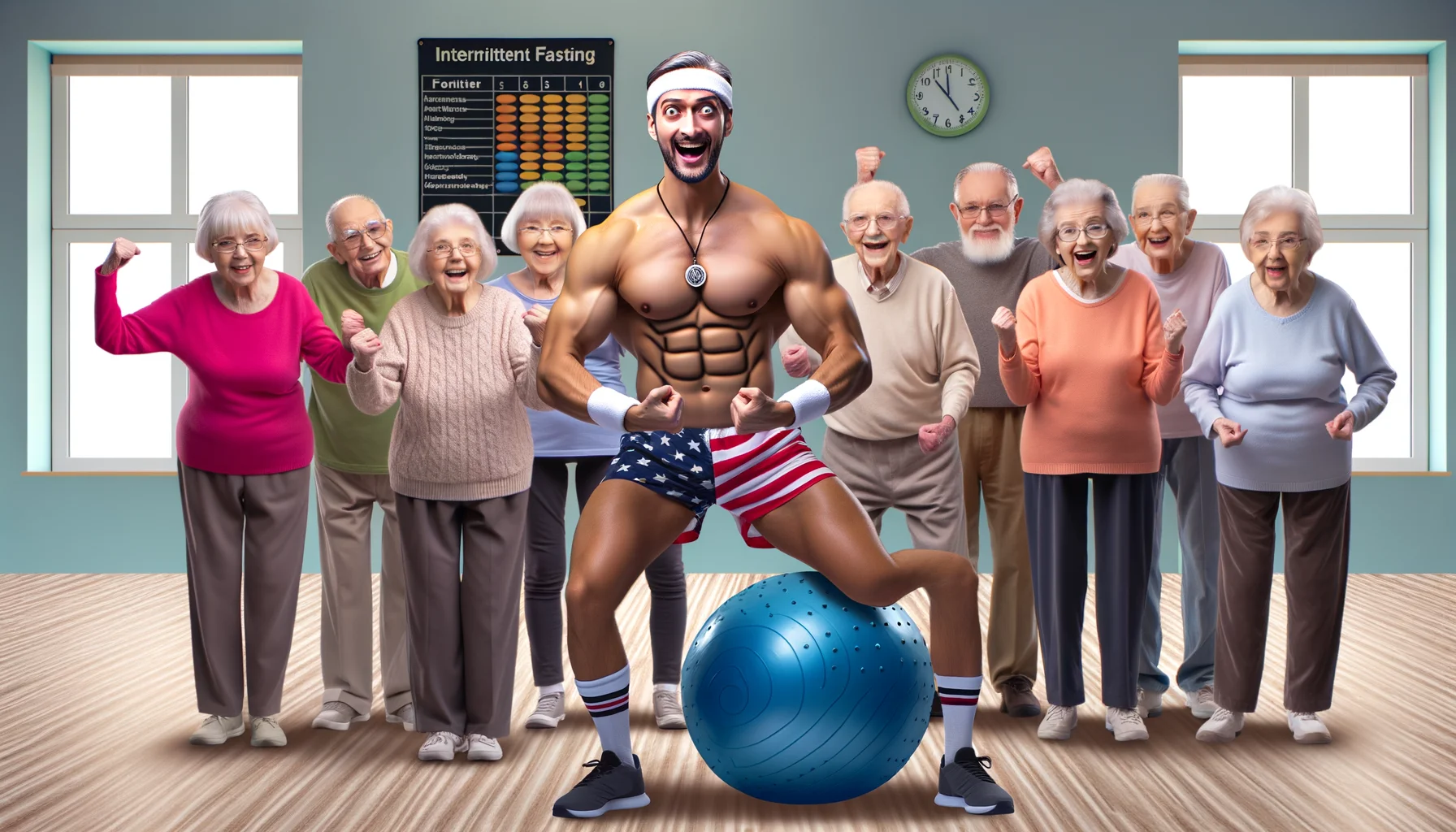Craft an amusing image featuring a recognizable fitness expert, known for his intermittent fasting program, placed in a humorous situation with regard to seniors and nutritional plans. He can be illustrated conducting an unusual exercise class for a lively group of elderly individuals of diverse descents, or maybe explaining the benefits of different foods in a fun, exaggerated way. Age is not a barrier for these seniors, their determined faces glow with vitality and they seem thrilled to learn from the fitness expert.