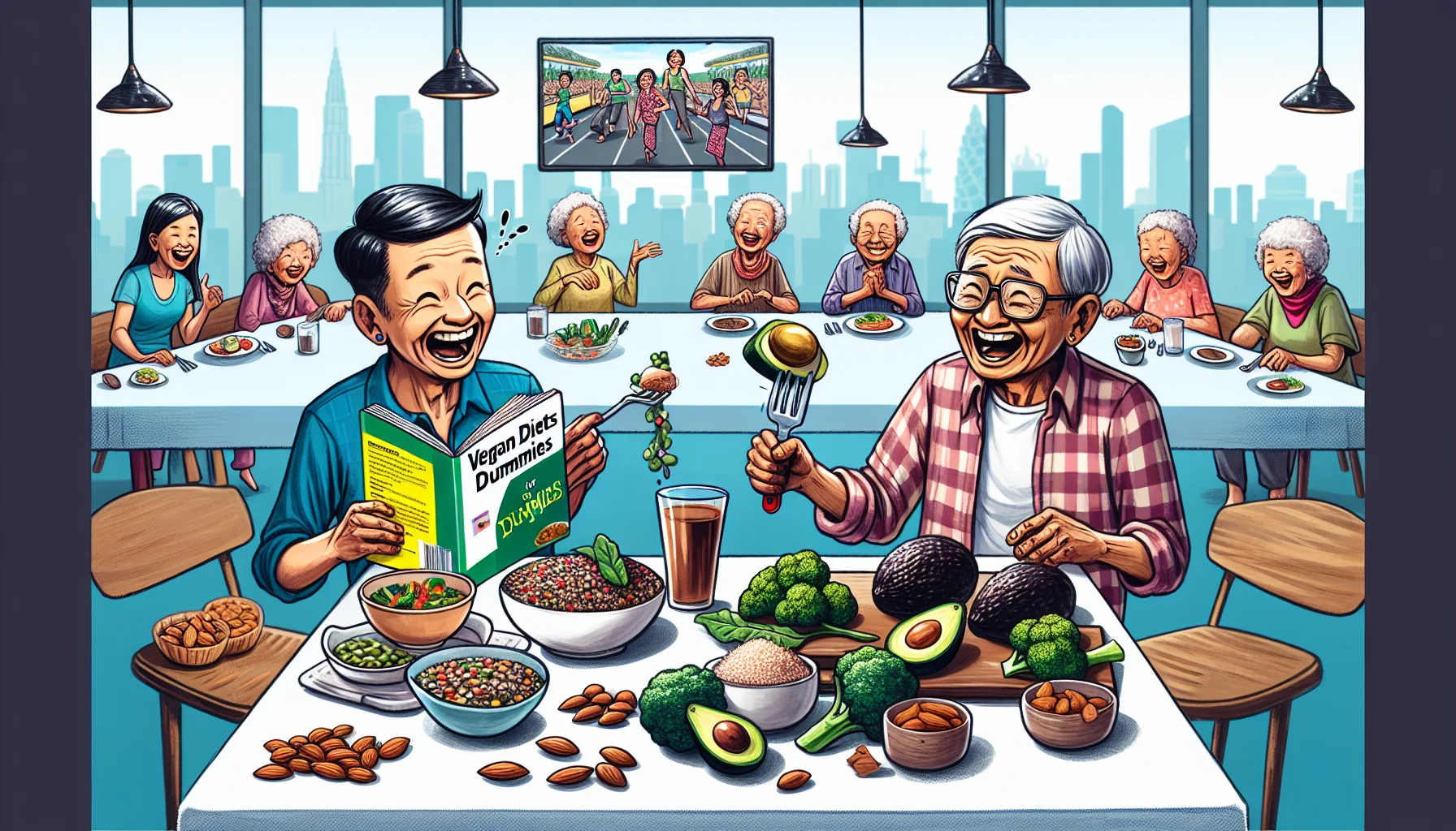 Illustrate a humorous real-life moment around healthy eating and diets involving elderly individuals. Show a dining table loaded with a variety of vegan foods, each known for their high fiber content. This could include food items like lentils, broccoli, avocados, almonds, and quinoa. On one end of the table, depict a Asian elderly man chuckling while reading 'Vegan Diets for Dummies', while at the other end, a Hispanic elderly woman is laughing out loud as she tries to peel an avocado with a large kitchen knife. In the background, show a TV where a fitness program for seniors is being broadcasted.