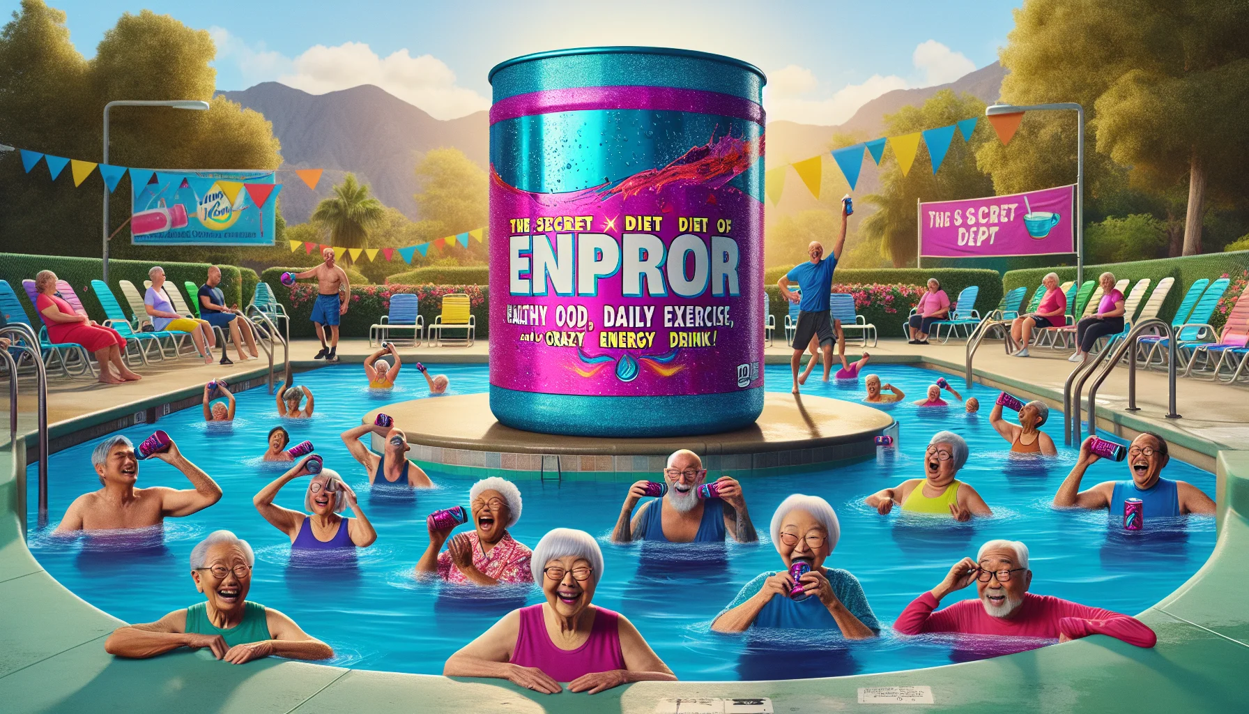 Imagine this hilarious and lifelike scenario: A group of elderly individuals from diverse descents like East Asian, Hispanic, and Middle-Eastern are engaged in an intense aqua fitness class in a vibrant community swimming pool. On the poolside, there is a boldly labelled giant container filled with a sparkling, neon-colored energy drink. Our senior citizens take a quick break to guzzle the potent energy drink, and then with radiant grins and renewed vigor, they perform energetic, comical dance moves in the water. A sign in the background promotes the secret diet of 'Healthy food, daily exercise, and a hint of crazy energy drink!'