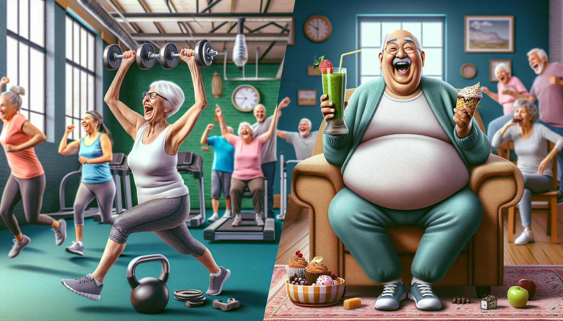 Create a humorous and realistic image depicting the subtle differences in the effects of ageing versus not ageing on the human body. The scene is set in a lively senior center. On the right hand side, depict an energetic old Caucasian woman, laughing heartily as she lifts weights and drinks a green smoothie, illustrating the positive effects of healthy eating and exercise. On the left hand side, illustrate a light-hearted contrast: a joyous elderly South Asian man enjoying his sugary treats, sitting in a comfy chair, with a slightly exaggerated belly. Both are living life joyfully, embodying different choices on aging.