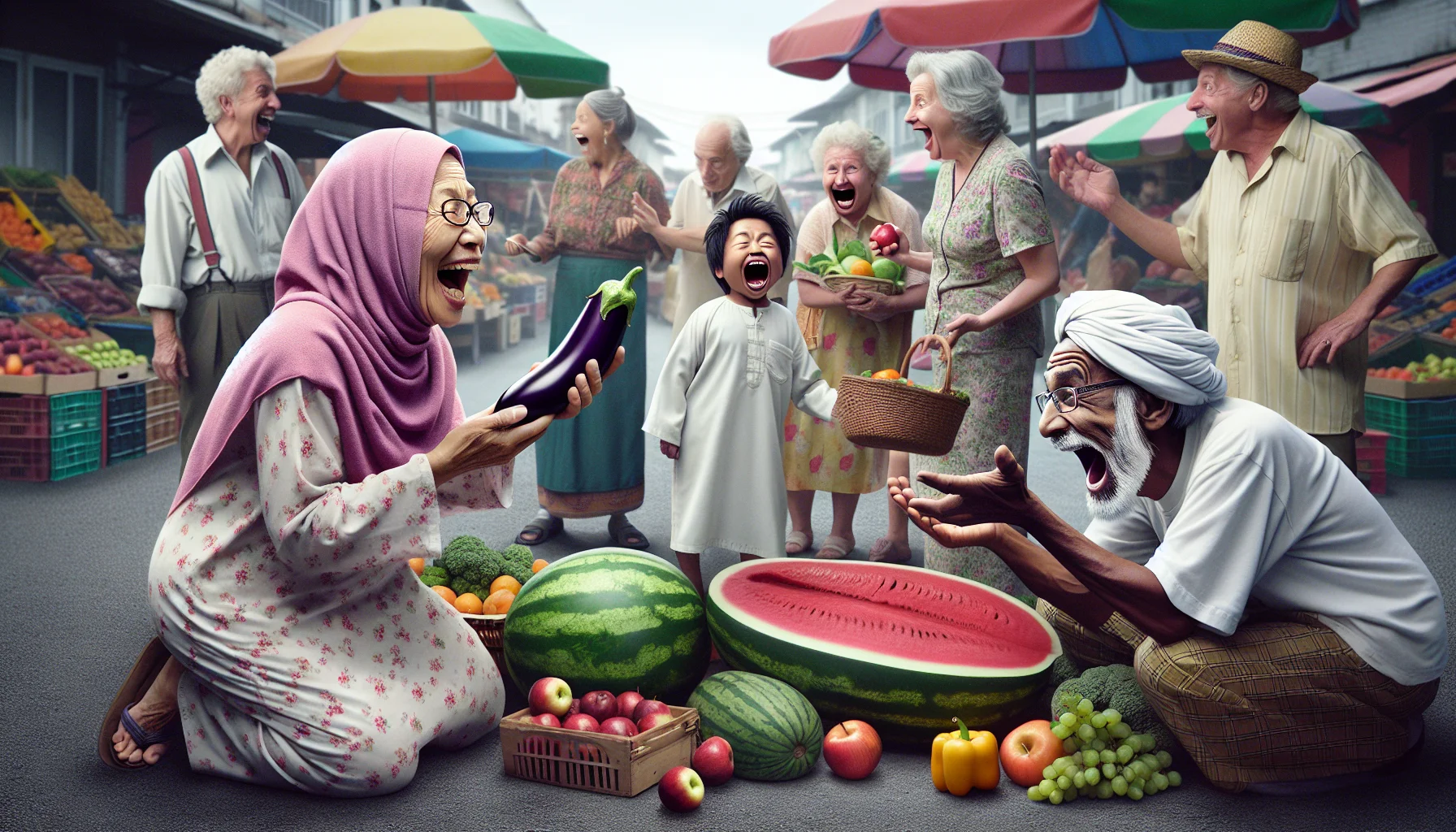 A humorous, realistic image unfolds before us. A lively scene at a bustling farmers' market. Elder people of a range of descents, from Middle-Eastern to Hispanic to Caucasian, are animatedly haggling over fresh fruits and vegetables. A South Asian woman in her golden years is meticulously examining an eggplant, a satisfied grin on her face. A Black elderly man is playfully arguing with a seller over the ripeness of a huge watermelon, attracting chuckles from all around. A fit, Caucasian grandma is about to bite into a shiny, red apple with an exaggerated wide-open mouth, clearly overexcited about her healthy choice.
