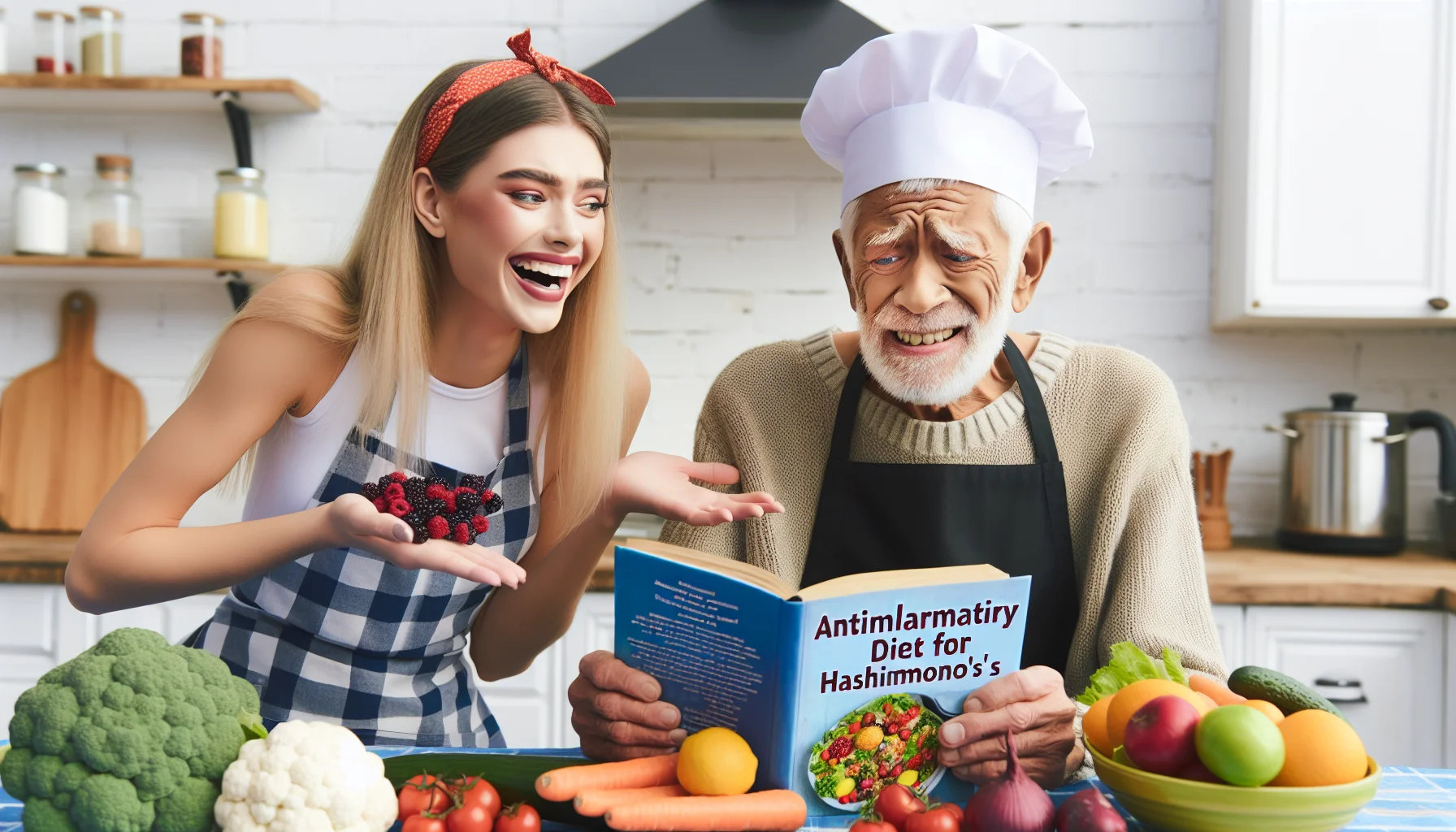 Create an amusing and realistic image featuring an elderly Caucasian man and a Middle-Eastern woman sitting together in a brightly lit kitchen. The man is holding up a recipe book titled 'Anti-Inflammatory Diet for Hashimoto's', looking puzzled, while the woman is laughing heartily, pointing at an assortment of colorful vegetables and fruits laid on the table which are indicative of a healthy diet. Both are wearing aprons and chef hats, adding an element of whimsy to the scene.