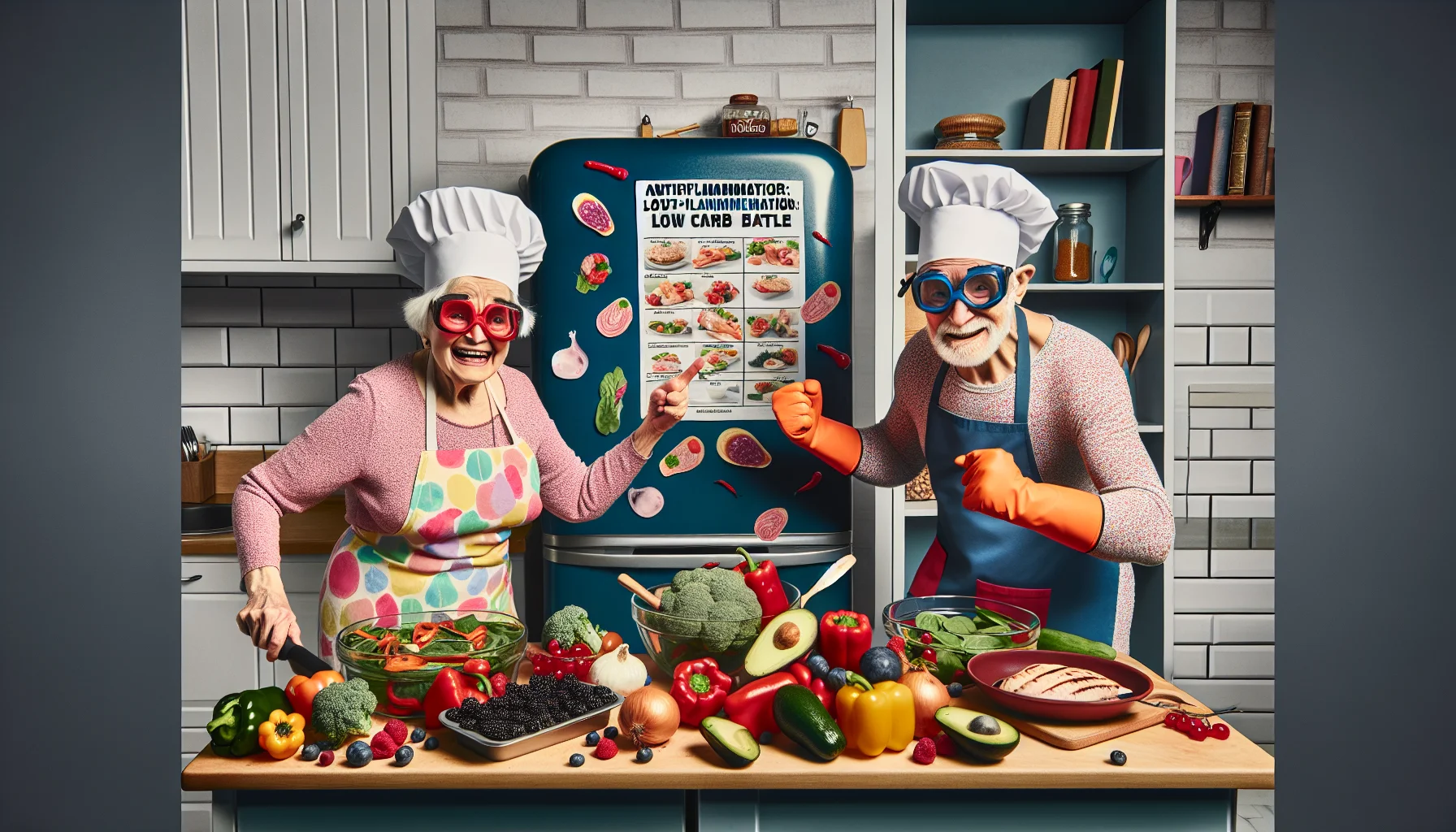 Create a humorous and realistic image denoting seniors' endeavours with anti-inflammatory low-carb diets. Imagine a scenario featuring a modern, well-equipped kitchen. Two elderly individuals, a Middle-Eastern woman and a Caucasian man, are playfully engaged in a cooking duel. They are energetically preparing colourful low-carb meals; bell peppers, avocado, spinach, grilled chicken, and bowls of mixed berries are scattered around them. Both are wearing hilarious attire - oversized chef hats, bright aprons, and safety goggles for chopping onions. Pinned to the fridge is a big magnetized chart, humorously titled 'Elders vs. Inflammation: The Low Carb Battle'.