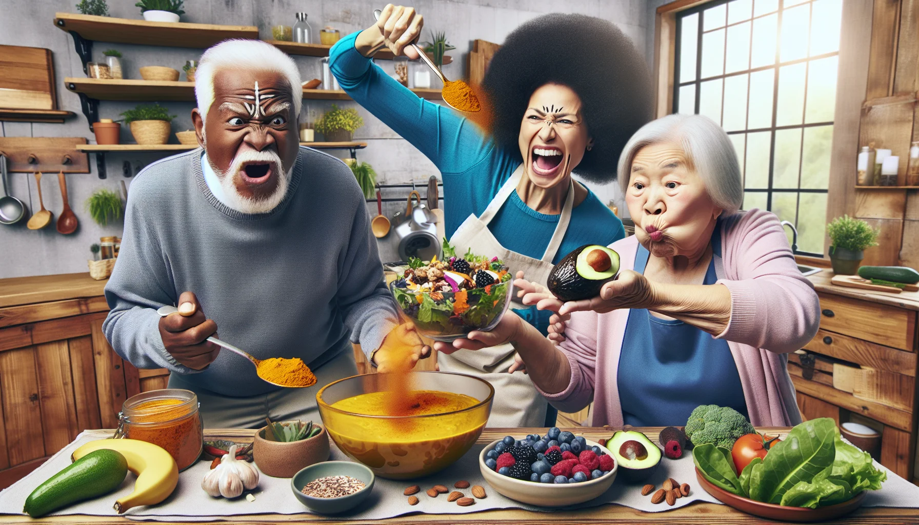Generate a humorous, realistic scene of three senior citizens engaged in preparing and savoring a feast full of anti-inflammatory foods. Picture an Afro-Caribbean elderly woman passionately giving a live demo of how to whip up turmeric-infused lentil soup, a Caucasian elderly man enthusiastically garnishing a salad with an abundance of berries and nuts, each of them fussing over the details. Meanwhile, an Asian elderly woman is seen playfully trying to balance an oversized avocado on a spoon. The backdrop fades into a kitchen ambiance filled with vibrant colors, laughter, and a sense of camaraderie.