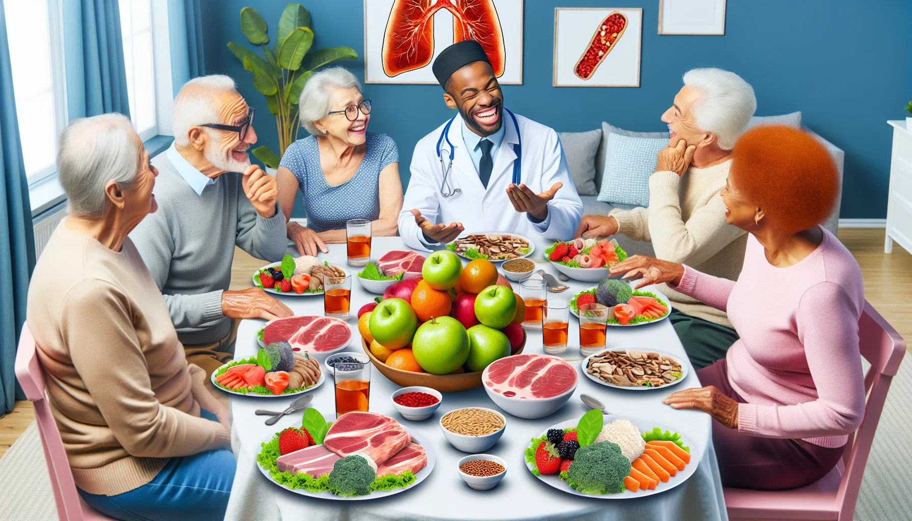 Generate a humorous image showcasing an anti-inflammatory meal plan. Illustrate an amusing scene at a lively and energetic senior citizen's get-together where they are discussing and sharing experiences about their healthy diets. Display various plates filled with colorful fruits, lean meats, whole grains, and greens symbolizing anti-inflammatory foods. Show the diverse group of older individuals - African descended woman, White male, Hispanic woman, and Middle-Eastern man - all engaged in lighthearted conversations and interactions around the topic of their diet plans.