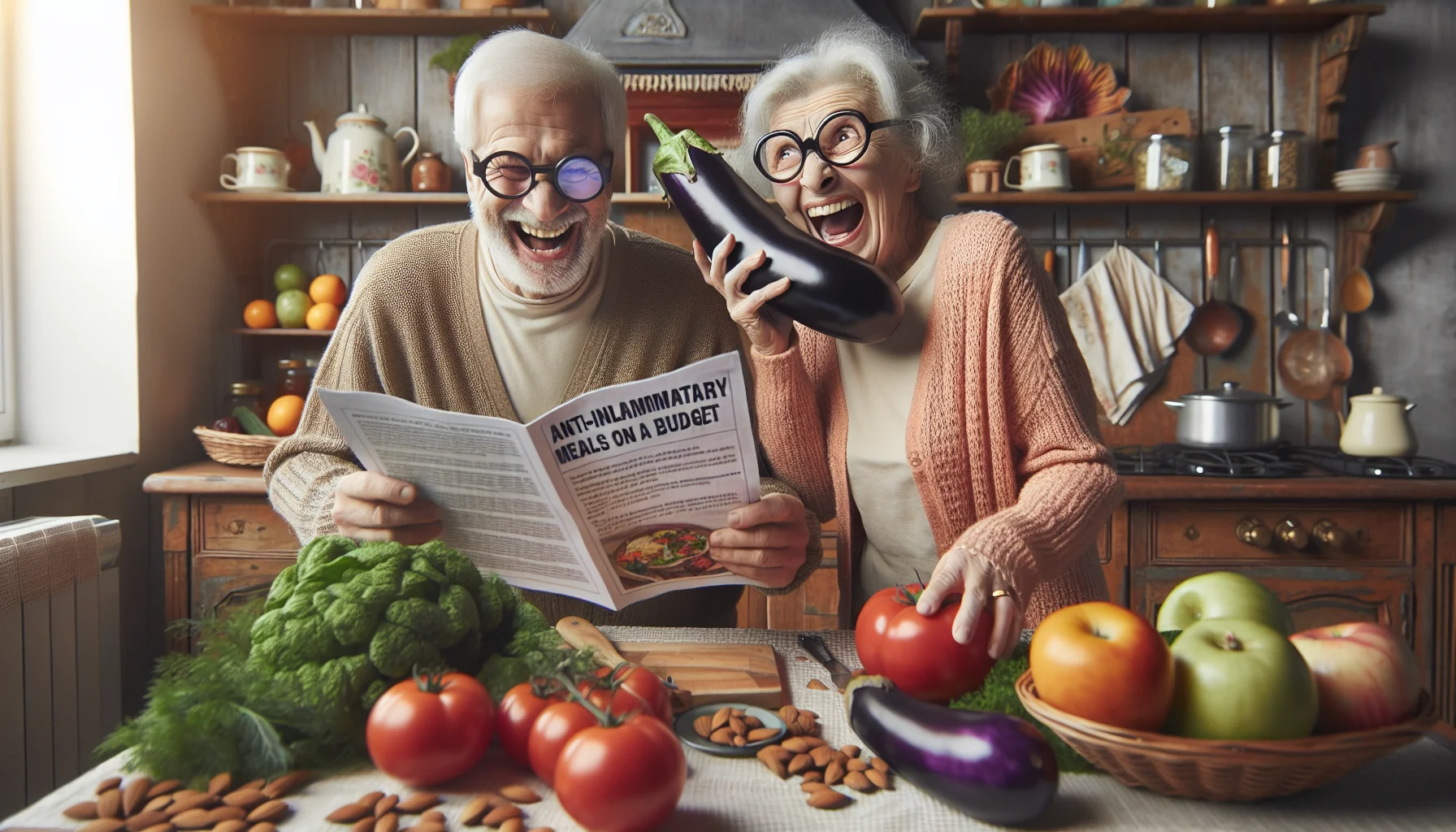 Create a humorous, realistic scene in a cosy old-fashioned kitchen during the day. An elderly Caucasian man with spectacles is laughing while reading an instruction manual titled 'Anti-inflammatory meals on a budget'. Simultaneously, a Middle-Eastern elderly woman is animatedly making a funny face, holding up a large vibrant purple eggplant as though it's a telephone. They are surrounded by a variety of affordable, colorful fruits and vegetables like green leafy vegetables, tomatoes, almonds and oranges, all indicative of an anti-inflammatory diet.
