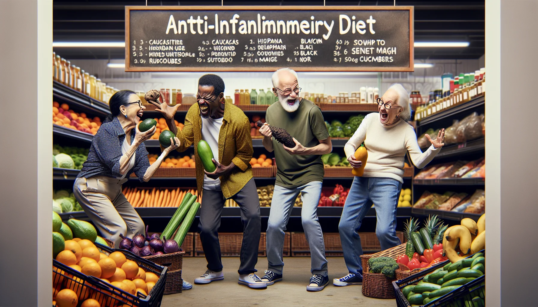 Imagine a quirky and humorous scene in a grocery store. A group of elderly friends, each from a different background - one Caucasian, one Hispanic, one Black, and one South Asian - are shopping together for their anti-inflammatory diet groceries. They are animatedly deciding between fruits, vegetables, and spices known for their anti-inflammatory properties, arguing about which ones to get. One of them is seen shaking a turmeric root like a maraca, another is balancing an avocado on his head, while the third one mockingly pretends to sword fight using long cucumbers, and the last one laughs wholeheartedly at their antics.