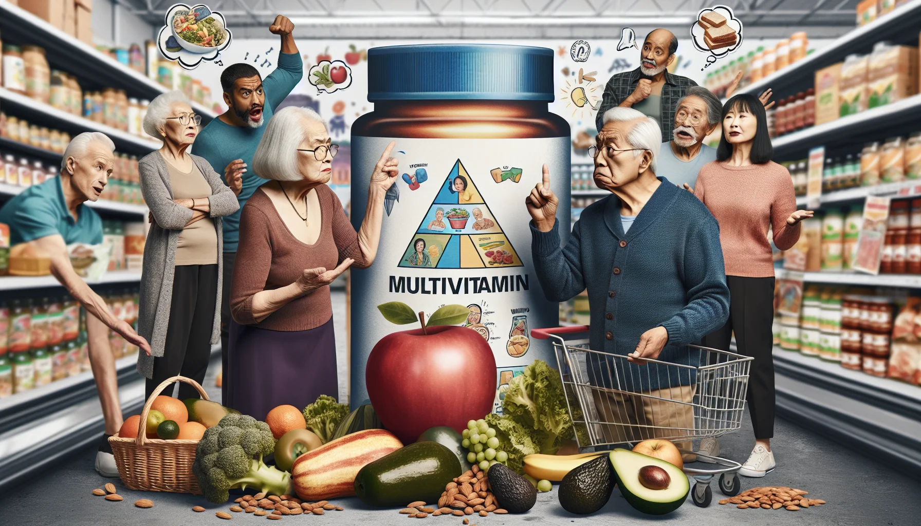 Craft a humorous image showing an elderly South Asian couple in grocery store. The woman is examining a multivitamin bottle labeled 'Best for 70+' with a curious look, while the man is having a light-hearted argument with a bright red apple. Nearby, a risible visualization of a food pyramid suggests a diet heavy in multivitamins and light on fried foods. In the background, other elderly individuals of different descents: Black, East Asian, Hispanic, Middle-Eastern, and White, are carrying various healthy foods like broccoli, avocados, whole grain bread, and almonds in their basket. All seniors in the image depict a sense of humor while interacting with healthy food items.