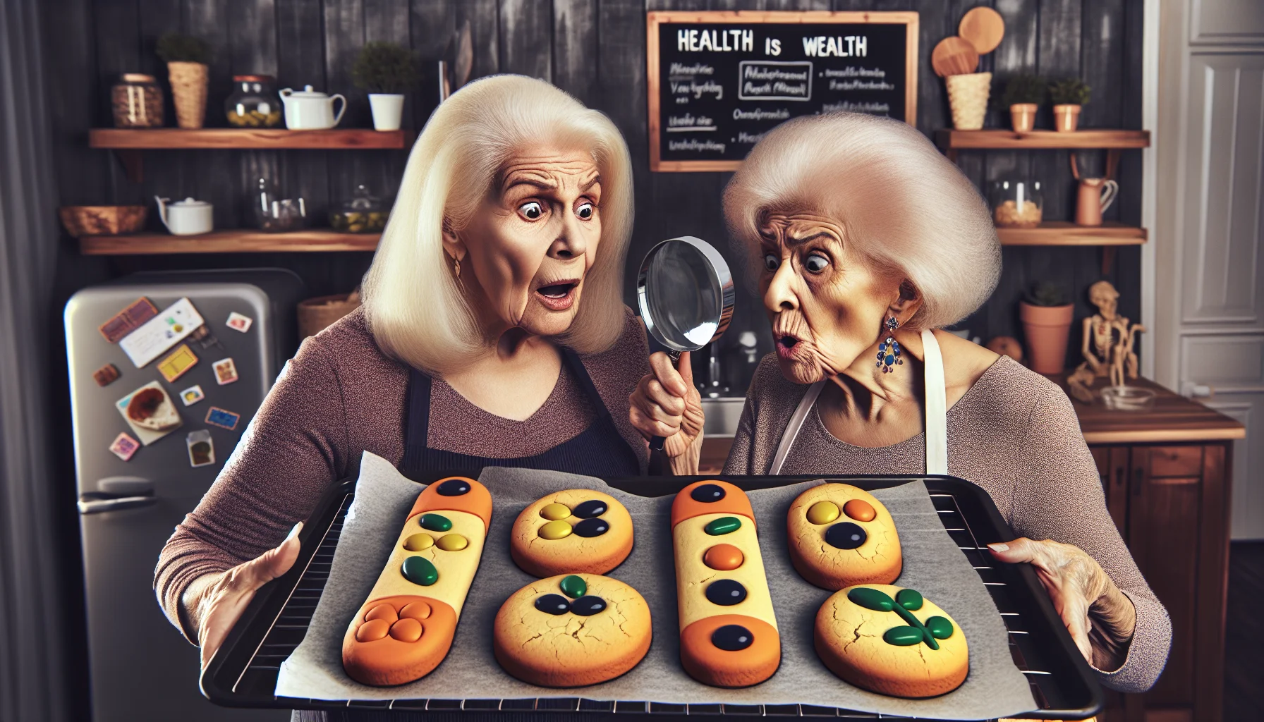 Generate a humorous, realistic image set in a bustling kitchen. An elderly Caucasian woman seems to have just baked giant, multivitamin-shaped cookies, as evidenced by a cooling rack filled with them. Her Hispanic female friend, both in their early 70s, is raising her eyebrows in surprise and amusement while holding a magnifying glass over the unusually shaped treat. On the background, fridge magnets that read 'Health is wealth' and a chalkboard displaying a list of healthy diet items add to the theme. Their expressions exude a playful acknowledgment of the effort to maintain a healthy diet, especially in their golden years.