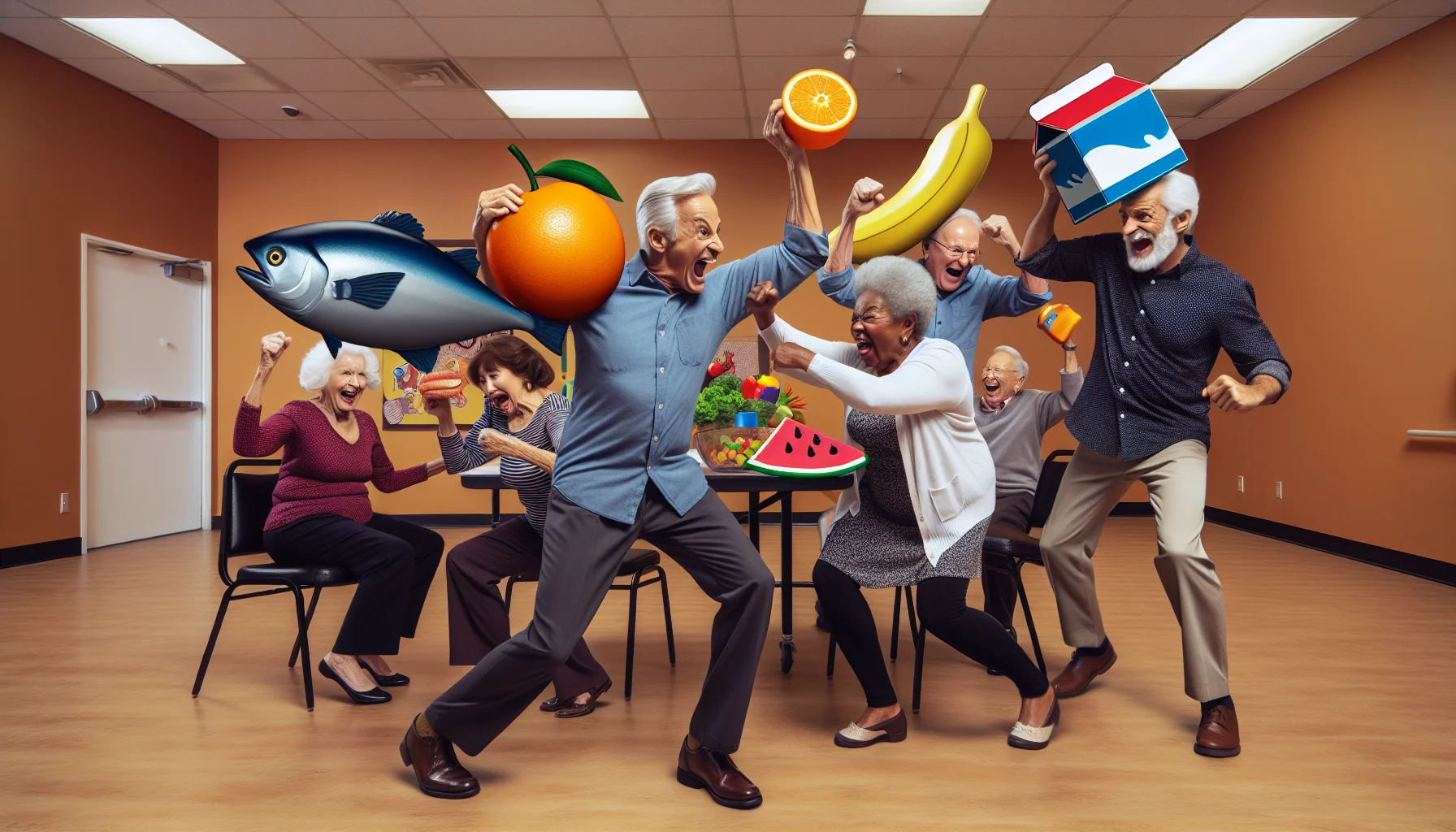 Compose an image that humorously illustrates the best nutritional supplements for elderly individuals. Envision a lively scenario at a community center with seniors of diverse descents, like an African woman, an Asian man, a Caucasian woman, and a Middle Eastern man actively participating in a playful food fight. Each of them is armed with colorful food items, representing different vitamins and minerals - a giant omega-3 fish, a vitamin C orange, a calcium-rich milk carton, and a protein-packed steak, respectively. The background is filled with laughter and cheer, turning a typical mundane dietary discussion into an amusing, memorable event.