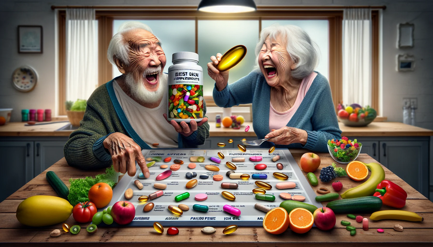 Imagine an amusing yet realistic scene encapsulating the importance of skin supplements for the aging population. Picture this: A jovially wrinkled Asian elderly man diligently studying a large, colorful chart of the best skin supplements, with vitamin bottles labelled with their benefits standing majestically next to him. At the same time, a white elderly woman, replete with laughter lines, is preparing a vibrant salad packed with nutritious elements, trying to balance a large fish oil capsule on top. They're sitting at a wooden kitchen table full of fruits and vegetables, highlighting the notion of a balanced diet and the humor within their efforts.
