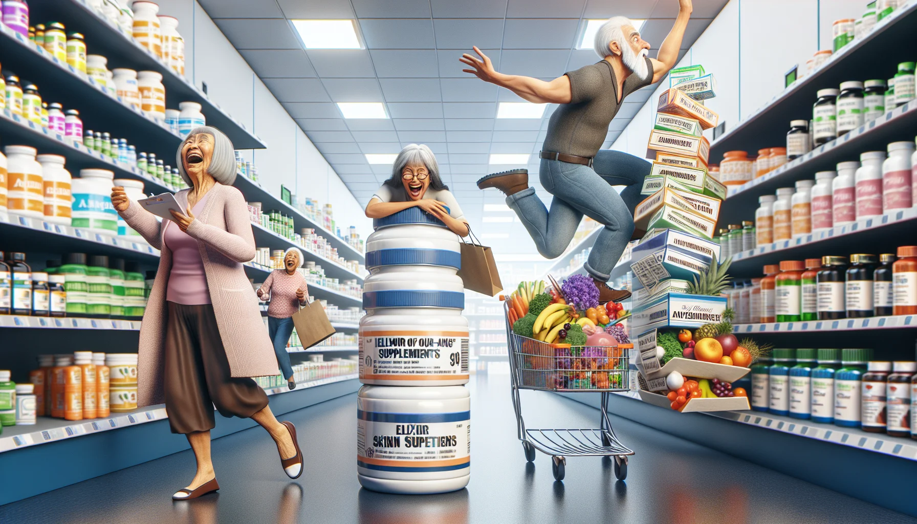 Imagine a humorous realistic scenario in a health store. An elderly Caucasian man with a twinkle in his eye is attempting to balance a towering pile of different anti-aging skin supplements in his arms, while standing on one leg. An elderly Asian woman is nearby, laughing heartily, holding a shopping list titled 'Elixir of Youth' overflowing with healthy dietary items. In another aisle, an elderly Black woman is energetically racing a shopping cart filled with a colourful abundance of fresh fruits and vegetables. Emphasize the pleasant and light-hearted atmosphere of the scene.