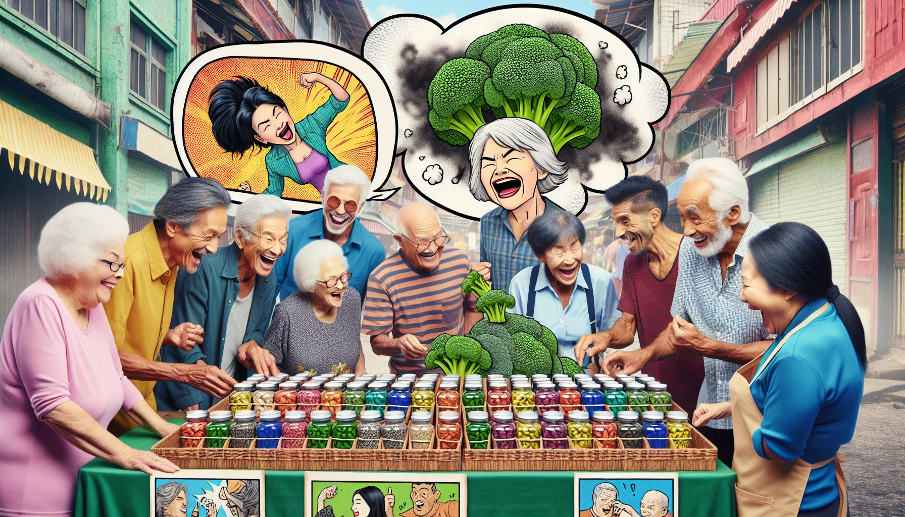 Create an image of a lively marketplace scene ripe with aged individuals enjoying their lives. A handful of elderly vendors, variously Hispanic, South Asian, and Middle Eastern, are enthusiastically selling colorful supplements labeled as 'anti-aging'. Customers, some Caucasian, others Black, are curiously inspecting the products and laughing over the exaggerated slogans on the labels. In the corner, is an Asian woman laughing with a vibrant green broccoli crown in one hand and a humorous comic strip illustration that shows broccoli fighting off grey smoky figures labeled 'age'.