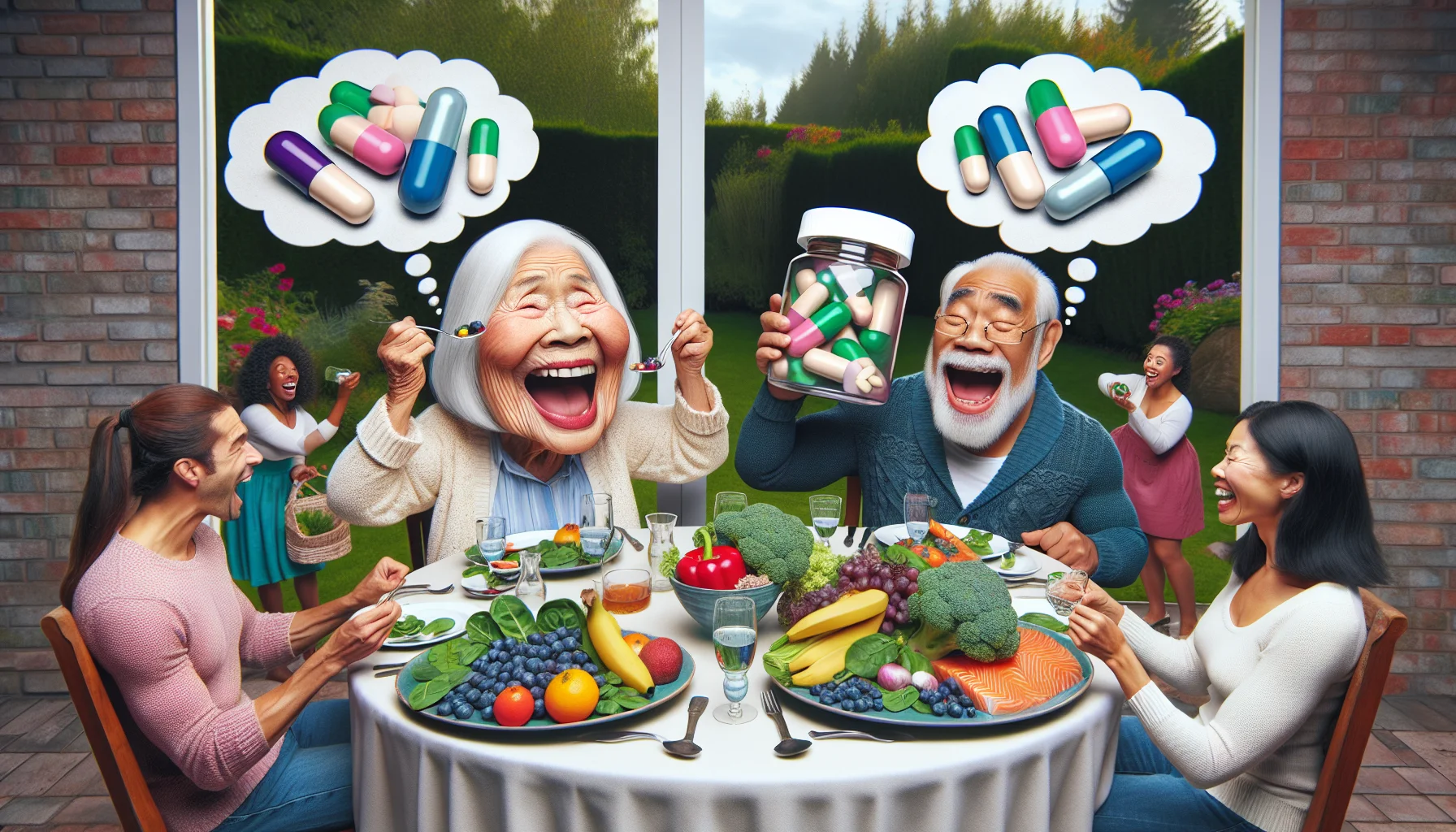 Imagine a whimsical scene at a dinner table set in a beautiful outdoor garden. A lively Caucasian elderly woman and an Asian older man are sitting down, each with huge grinning expressions. They both are humorously oversized, opening colourful pill bottles labeled 'Skin Anti-Aging Supplements'. A plateau full of fresh fruits and vegetables lie in front of them, with thought bubbles showing they believe these supplements are a magical solution to aging. Around them, silent helpers, a black male and a white female are trying to cope with laughter while offering plates of blueberries, spinach, and salmon, known to be naturally beneficial for skin.