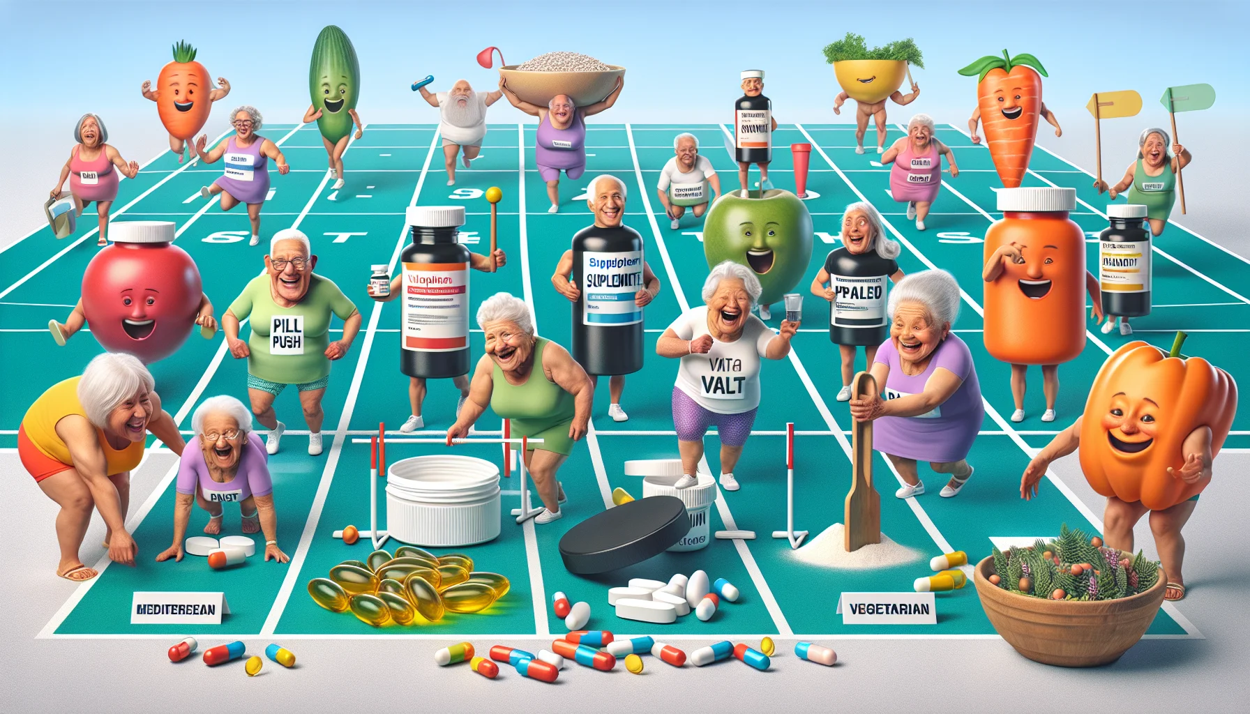 Create a humorous, realistic image depicting a joyful scenario involving a group of elderly women from various descents such as Black, Caucasian, Hispanic and South Asian. In this scene, they are participating in a 'Supplement Olympics'. Make all of them engaging in fun athletic events like 'pill push', an elderly version of shot put but with supplement bottles, or 'vitamin vault', a joyful interpretation of pole vaulting using oversized fish oil capsules. All around them, food mascots showcasing various diets like the Mediterranean, paleo, and vegetarian cater cheerfully. Also, visualize them enjoying a laughing conversation about the hilarious novelty of incorporating diet supplements into athletics to highlight the importance of nutrition in older adulthood.