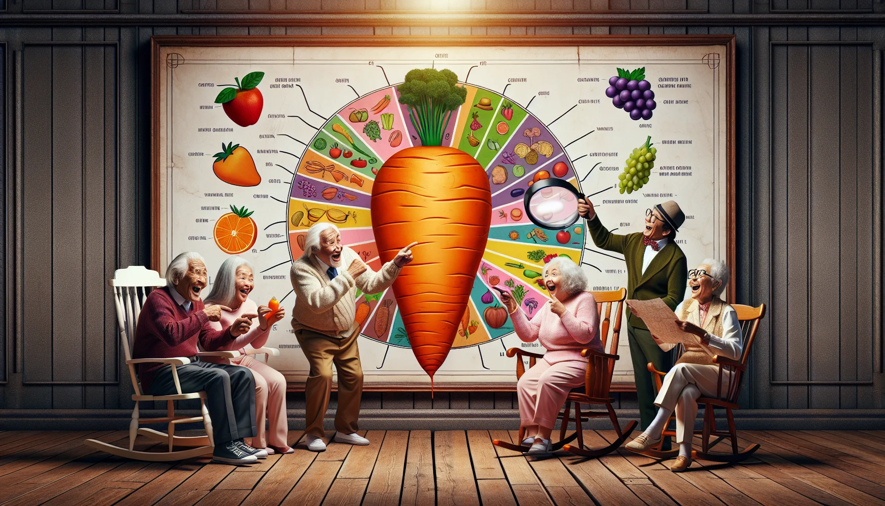 Imagine a humor-filled scene in which a group of elderly individuals are charmingly acting like detectives, orienting their attention to a gigantic chart placed on an elegantly aged wooden wall. The chart has colorful diagrams and illustrations of fruits, vegetables, and vitamins ideally beneficial for elderly skin health. A South Asian woman, vivaciously pointing at a gigantic carrot, sits on a rocking chair; a Hispanic man with a magnifying glass is hard at work inspecting a grape on the chart; and a jovial Middle-Eastern lady is meticulously taking notes next to the diagram of vitamin E. These seniors are trying their best to decipher the secrets to glowing skin, fueled with sportive energy and oozing laughter.
