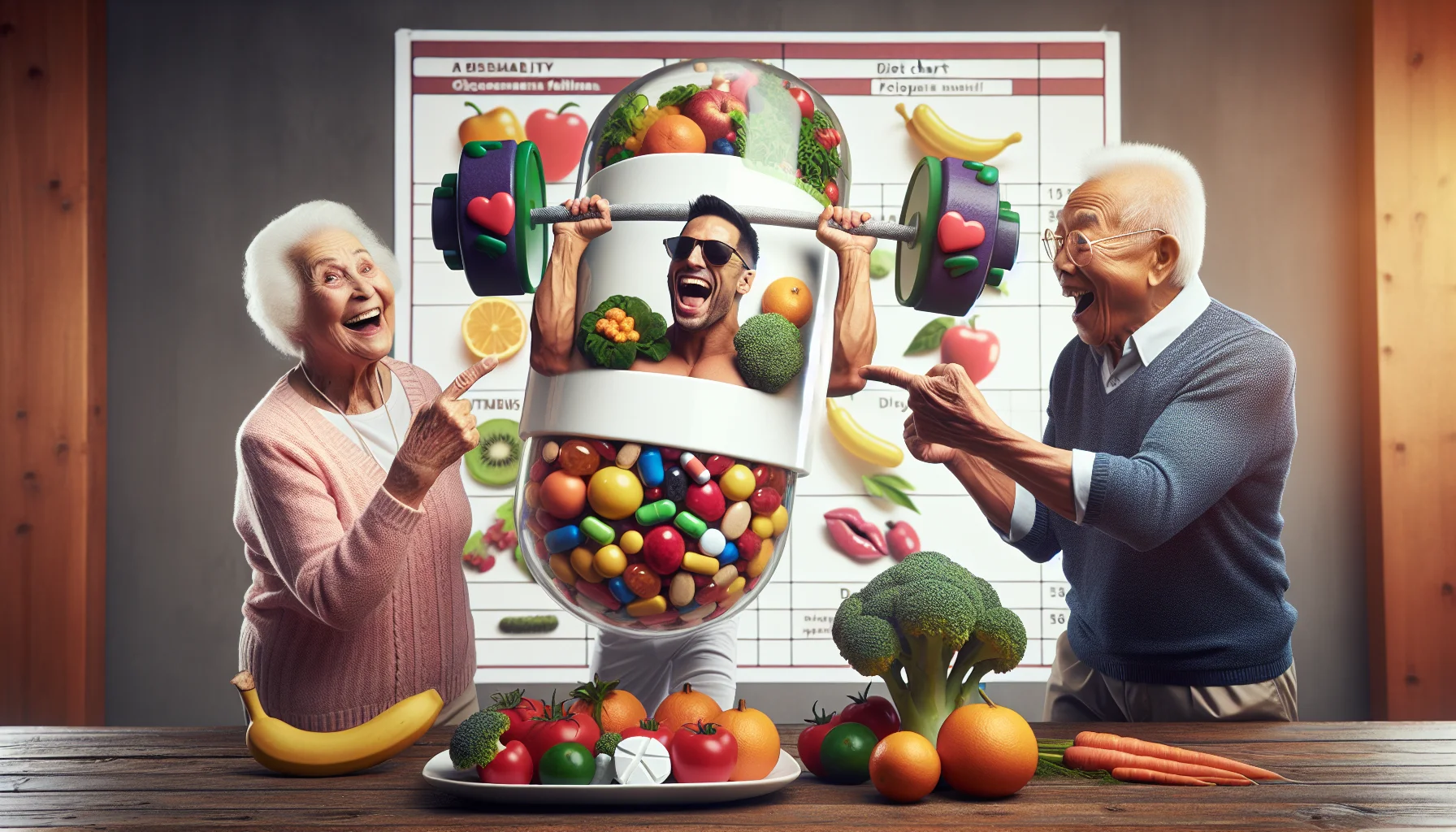 Create a humorous, realistic image of three elderly individuals sharing a playful moment at a 'Vitamin Party'. One is a Hispanic woman, enjoying a large, cartoonish pill filled with colourful fruits symbolising various vitamins. The second is a Caucasian man playfully lifting a barbell made of vegetables, symbolising the power of a healthy diet, and the third person is an Asian man, laughing while pointing at a diet chart which showcases funny food items like broccoli wearing sunglasses and carrots lifting weights. The atmosphere is light-hearted and positive, showing how choosing healthy foods and supplements can bring joy.
