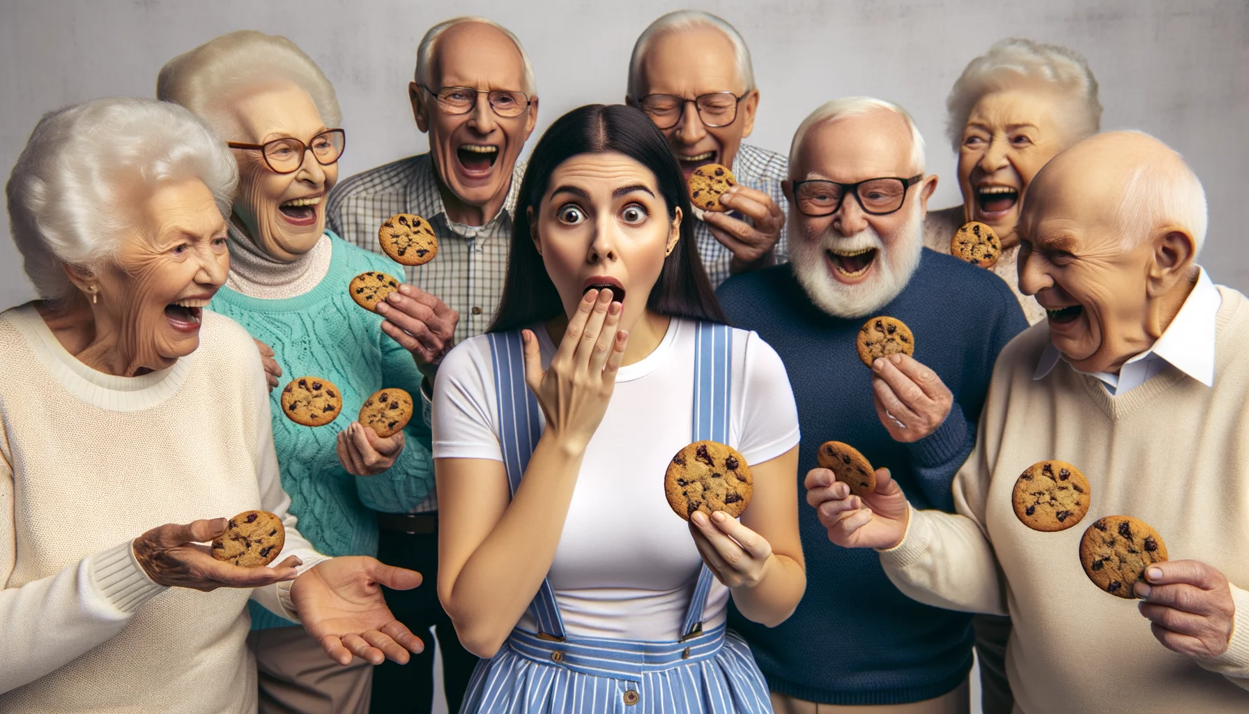 Create a comedic image set in a realistic scenario related to old people and diets. Picture a young adult woman with average build and brunette hair, who gets caught sneaking cookies into a diet class attended primarily by seniors. The shock on her face and the seniors' laughter make a hilarious picture. Some of the seniors are brushing off the cookie crumbs from their diets while others are trying to grab a cookie out of humor.