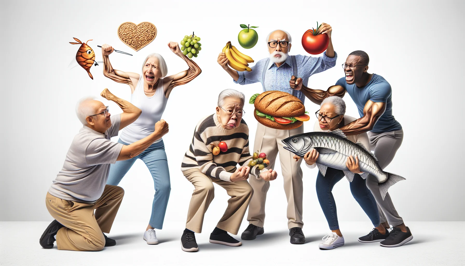 Create a humorous and realistic image referring to Boston and the science of nutrition. Depict three different types of healthy foods - perhaps fruits, whole grains, and fish. Show these in a funny situation with elderly people. Illustrate a diverse group of senior citizens - a Caucasian female, an Asian male, and a Black couple - each humorously struggling with different aspects of a healthy diet. For example, the woman could be juggling fruits, the Asian man unsuccessfully trying to catch a fish with his bare hands, and the Black couple playfully fighting over a loaf of whole grain bread.
