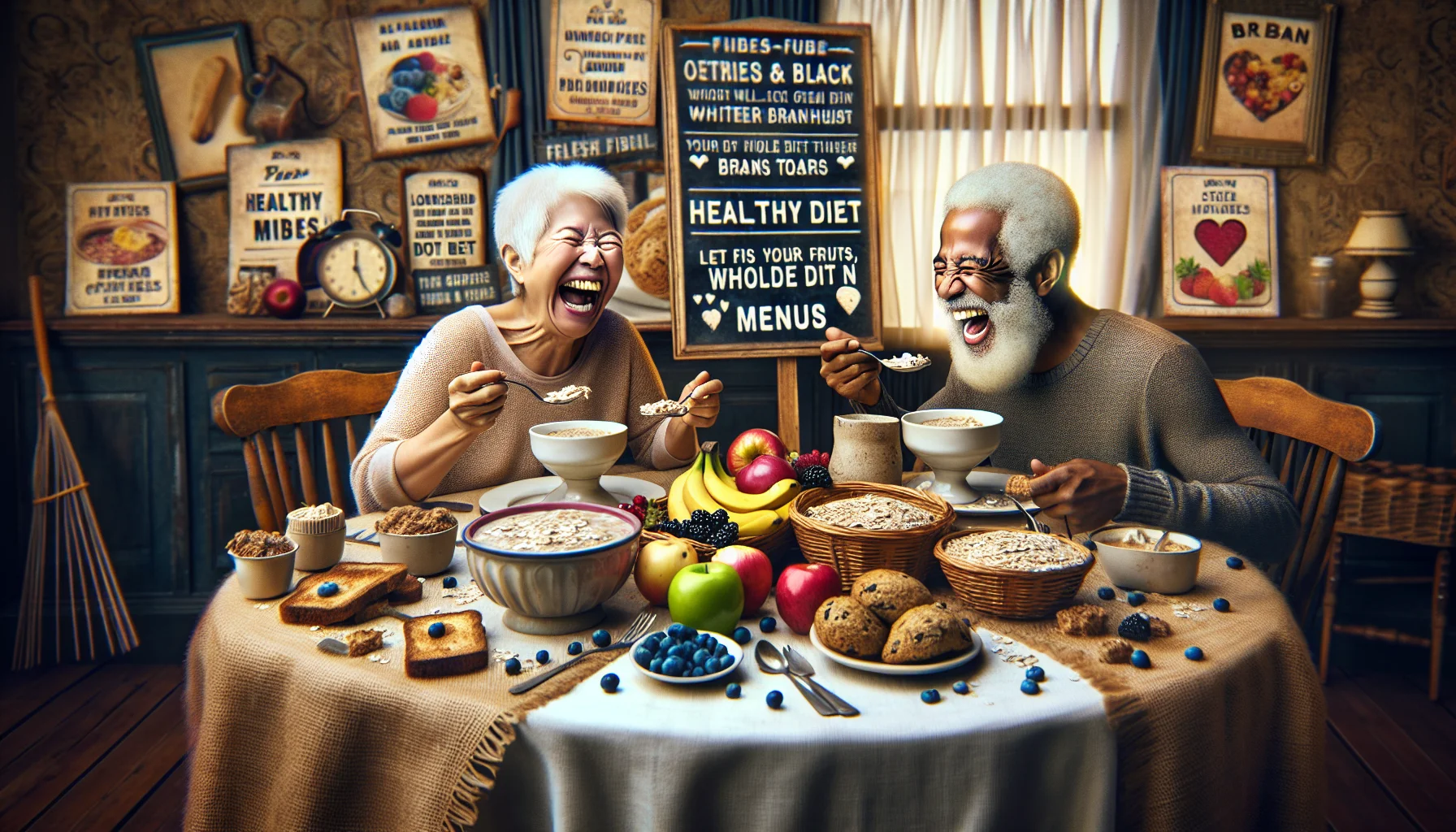 Create a humorous, realistic image capturing a scene around the breakfast table. Picture two aged individuals, one South Asian female and one Black male, both laughing uproariously while they indulge in a fiber-rich morning meal. The table is laden with bowls of oatmeal, plates of whole grain toasts, fresh fruits like apples, bananas, and berries, and baskets of bran muffins. Let the ambiance reflect their interior home, decorated in an old-fashioned style hinting at their love of antiques. Introduce visible signage displaying healthy diet tips and menus sprinkled throughout the space to emphasize the theme of healthy eating.