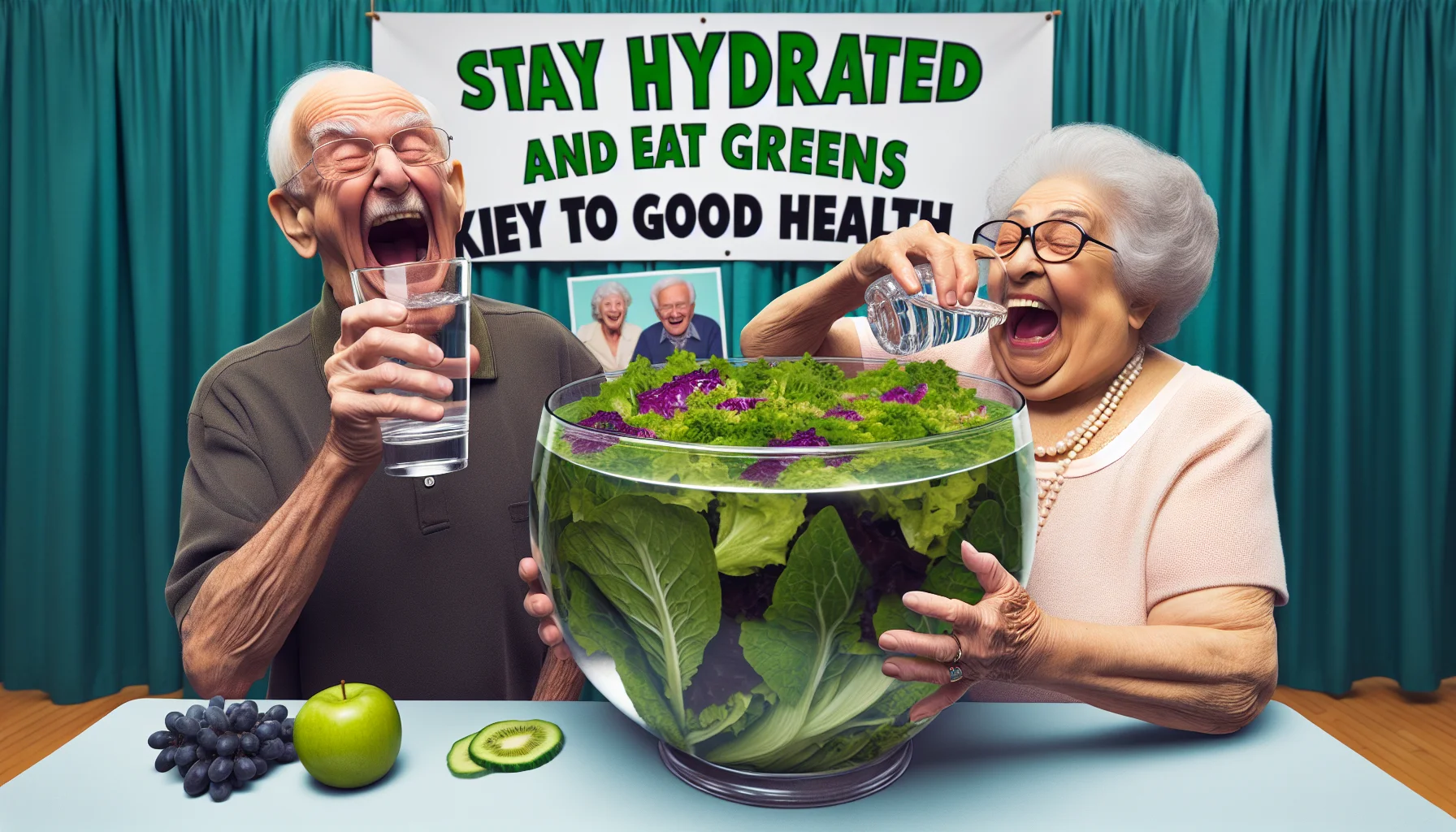 Create a comical, realistic image featuring an old Caucasian man and an elderly Hispanic woman at an 'Over 60s' health fair. The man is laughingly trying to gulp down an enormous glass filled with water, while the woman shows off a gigantic salad. A sign behind them reads 'Stay Hydrated and Eat Greens: Key to Good Health', indicating the importance of hydration and healthy eating in senior years.