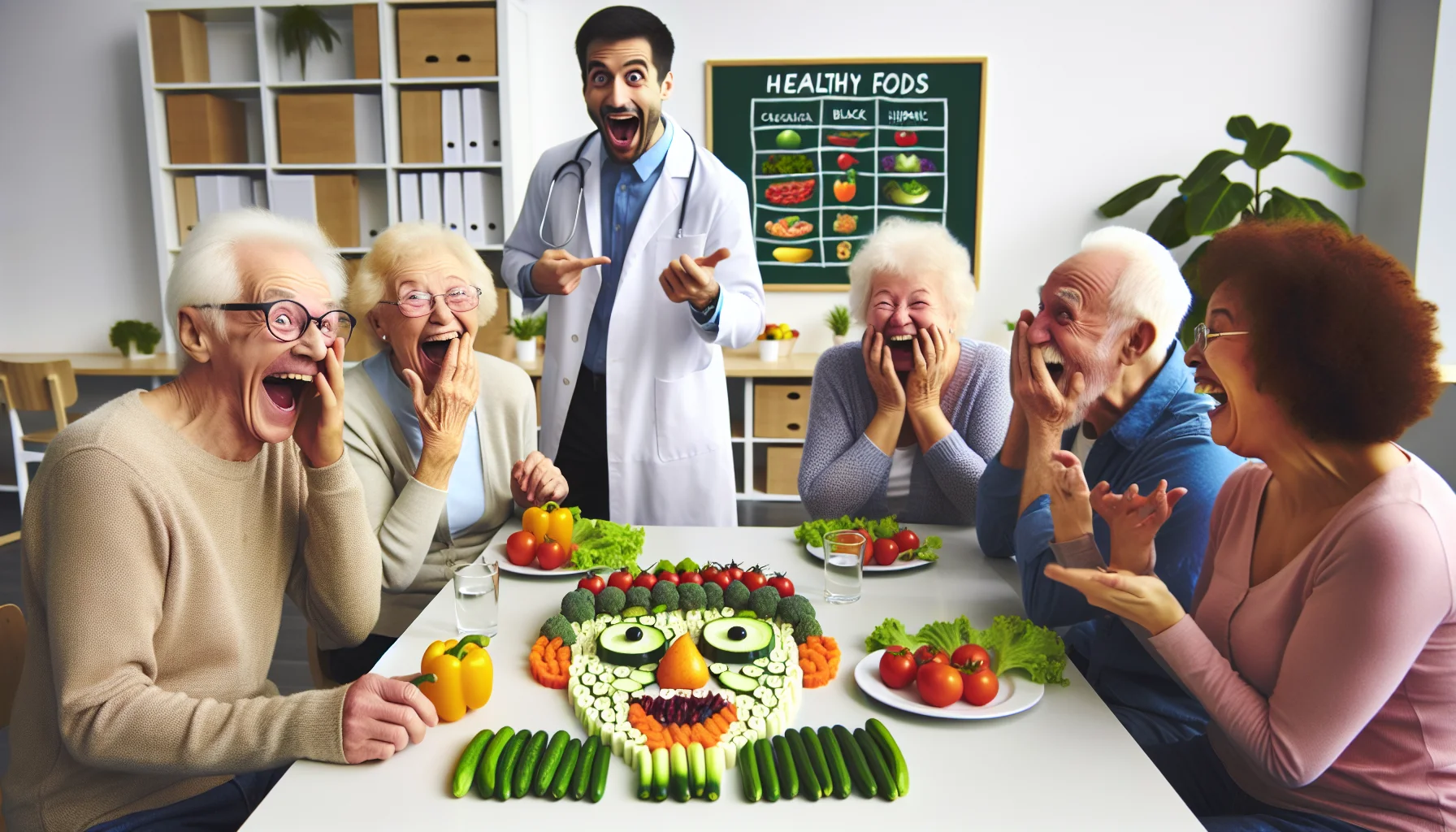 Create an amusing, realistic visual showing a group of seniors from diverse descents such as Caucasian, Black, Hispanic, and Asian attending a class at the 'Center for Healthy Aging'. The focus of the scene is them laughing at vegetables on their plates that have been arranged to look like their own faces, while an astonished dietitian points at a chart of healthy foods on the board. The atmosphere is joyful and lighthearted, and everyone seems to be genuinely enjoying this creative approach to healthy eating.