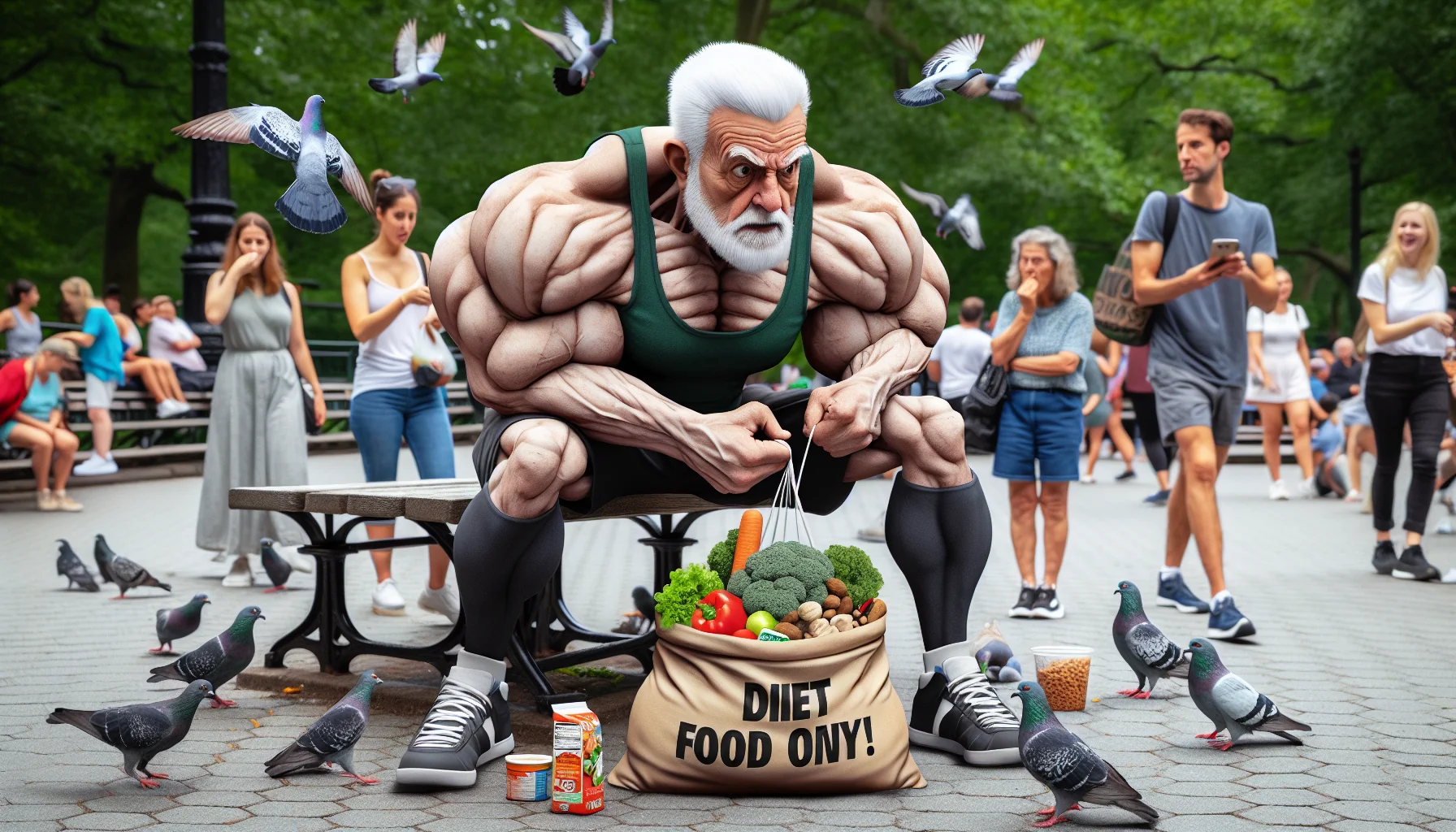Create a humorous image of a robust older man, matched in physique to a martial art expert, focusing on healthy aging. This funny scenario happens in a public park where he's seen enthusiastically crunching on vegetables instead of the usual park food, fending off pigeons and squirrels, even maintaining perfect balance while doing so. He carries a bag marked 'Diet Food Only'. People around him, of various ages and races, are watching him with admiration and humor, their own bags of unhealthy food forgotten.