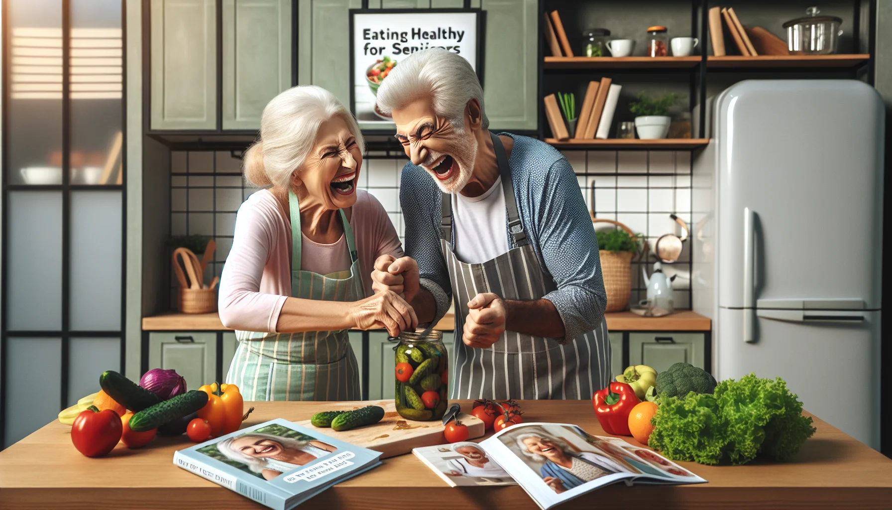 Generate a humorous, realistic image representing an elderly couple engaging in cooking. The couple is Caucasian, one male and one female, both wearing colorful aprons. They stand in a modern, well-lit kitchen filled with fresh fruits and vegetables indicating a healthy diet. The gentleman is struggling to open a jar of pickles while the lady is laughing heartily at his efforts. There are cookbooks titled 'Eating Healthy for Seniors' and 'One-Pot Diet Recipes' sprawled on the kitchen counter. They are playfully attempting to make a salad, with a few lettuce leaves whimsically tossed in the air.