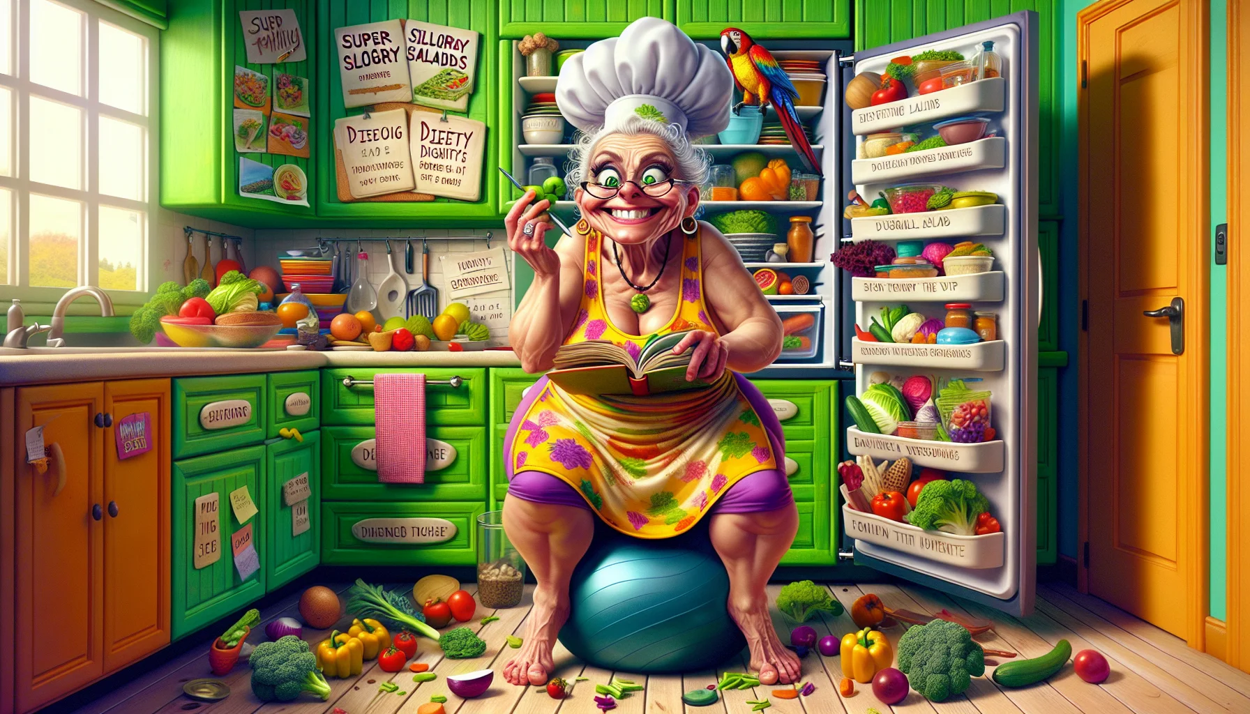 A humorous scene of an older Caucasian woman, with a playful spark in her eyes, in a vividly colored kitchen. Kitted out in an exaggerated chef's hat and apron, she's balancing on a yoga ball while chopping vegetables. Surrounding her are cookbooks with comically large titles like 'Super Solitary Salads' and 'Dieting with Dignity'. The refrigerator is open to reveal overly-organized stacks of healthy food items, each marked with days of the week. In one corner a parrot pecks at a piece of broccoli. The ridiculously overloaded sink, stuffed with dishes, adds to the comedy of the situation.