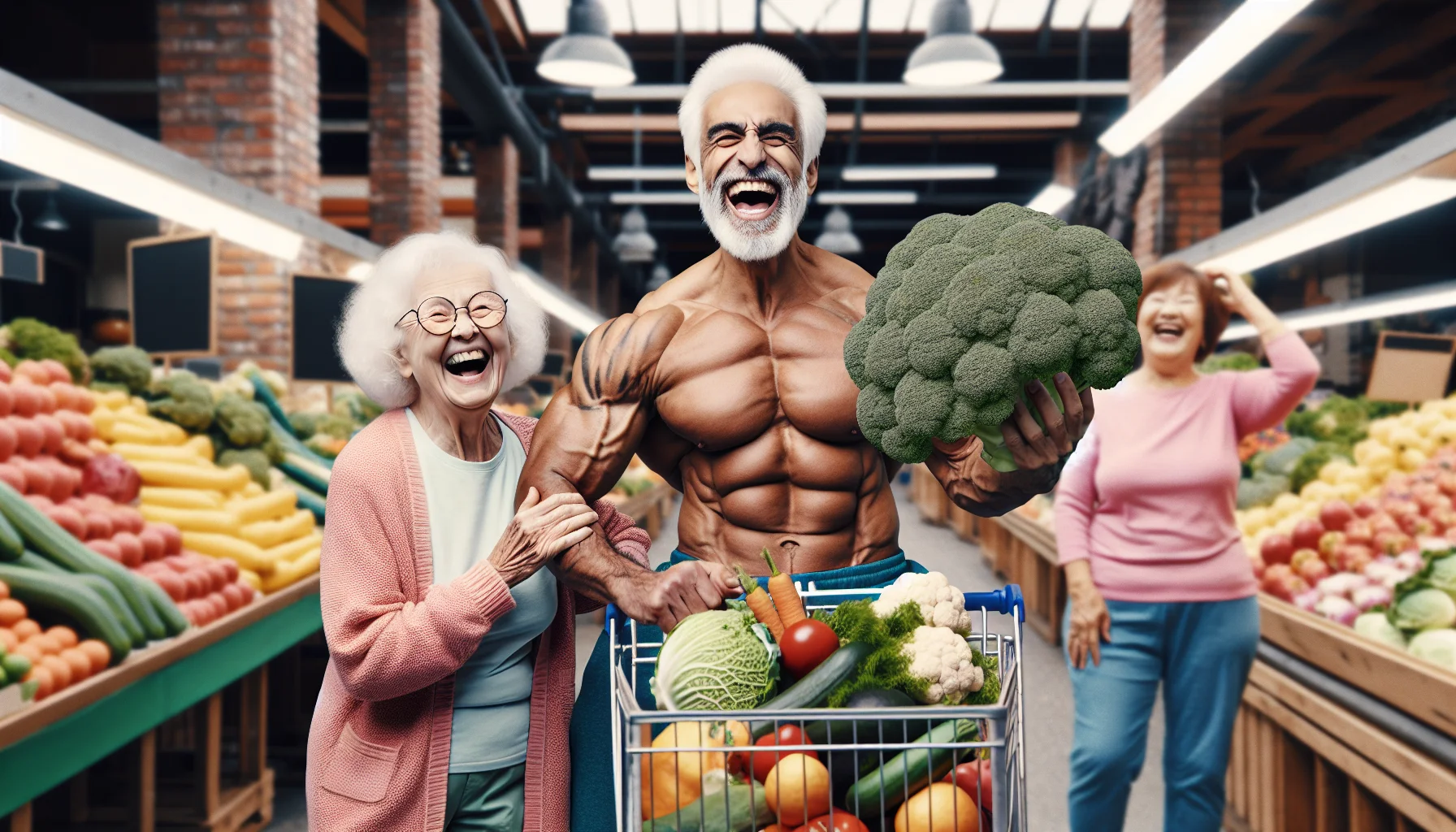 Create a humorous, realistic scene which illustrates positive aging. We see an elderly man of Hispanic descent, exhibiting a fit physique, merrily overstuffing his grannie shopping cart with vibrant, nutritious foods in a bustling marketplace. Beside him, a Caucasian elderly woman, laughing heartily, holds out a giant broccoli as if it's a trophy. Let the backdrop be filled with more elderly people of diverse descents like Black, Middle-Eastern, South Asian, all showing enjoyment in the pursuit of a healthy diet, adding a lively, happy mood to the setting. All are dressed in colorful casual wear for an added touch of energy.