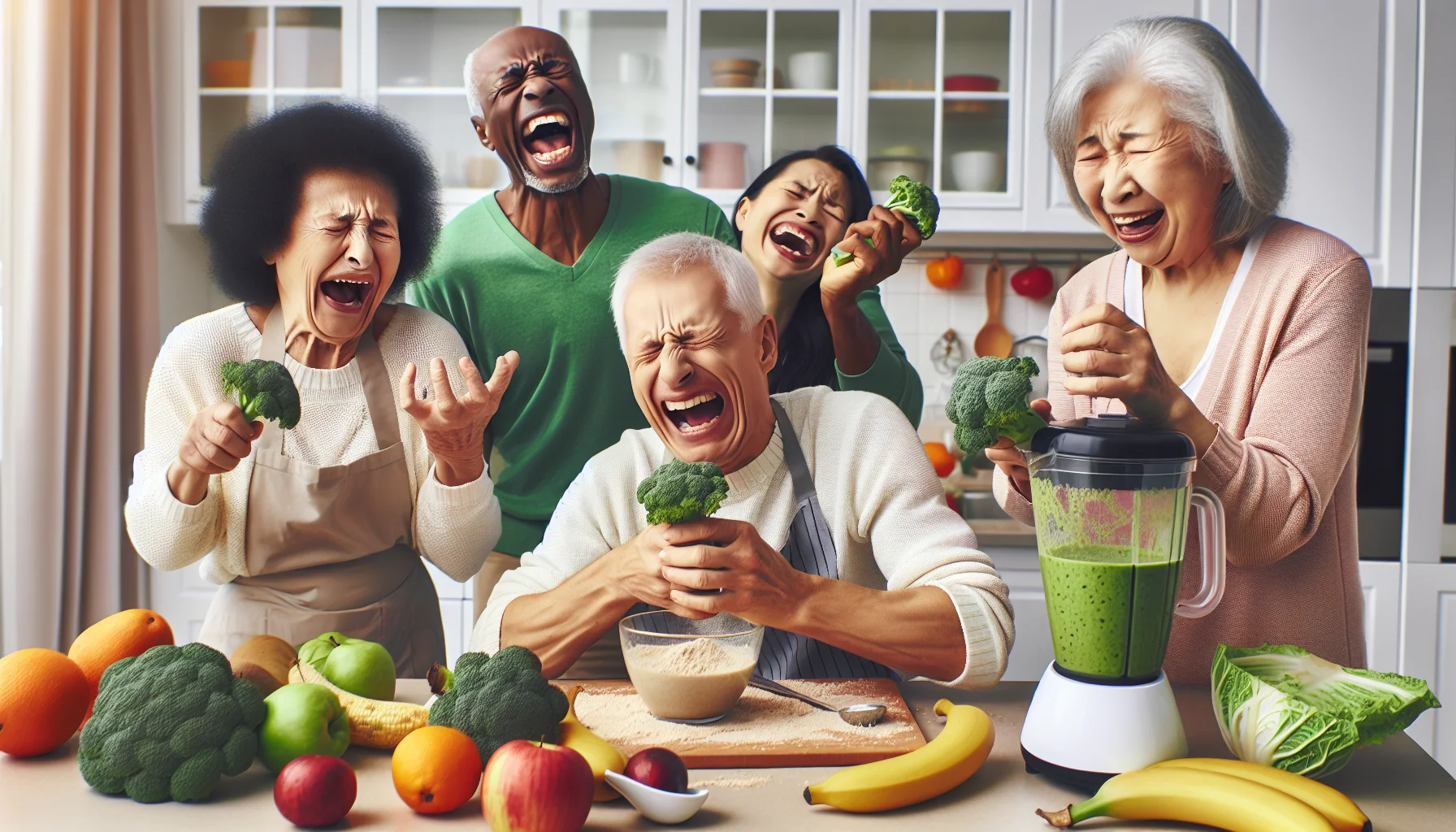 Create an amusing, realistic image of seniors engaging with their post-heart attack diets in a creative and humorous way. One older Hispanic man struggling to eat broccoli, a senior Caucasian woman having fun while blending a nutrient dense green smoothie, an elderly Black man laughing as he measures his brown rice portion, and an Asian senior woman happily peeling fruits. Everyone is in a well-lit and colorful kitchen environment filled with healthy food items, suggesting a shared commitment to a heart-healthy lifestyle.