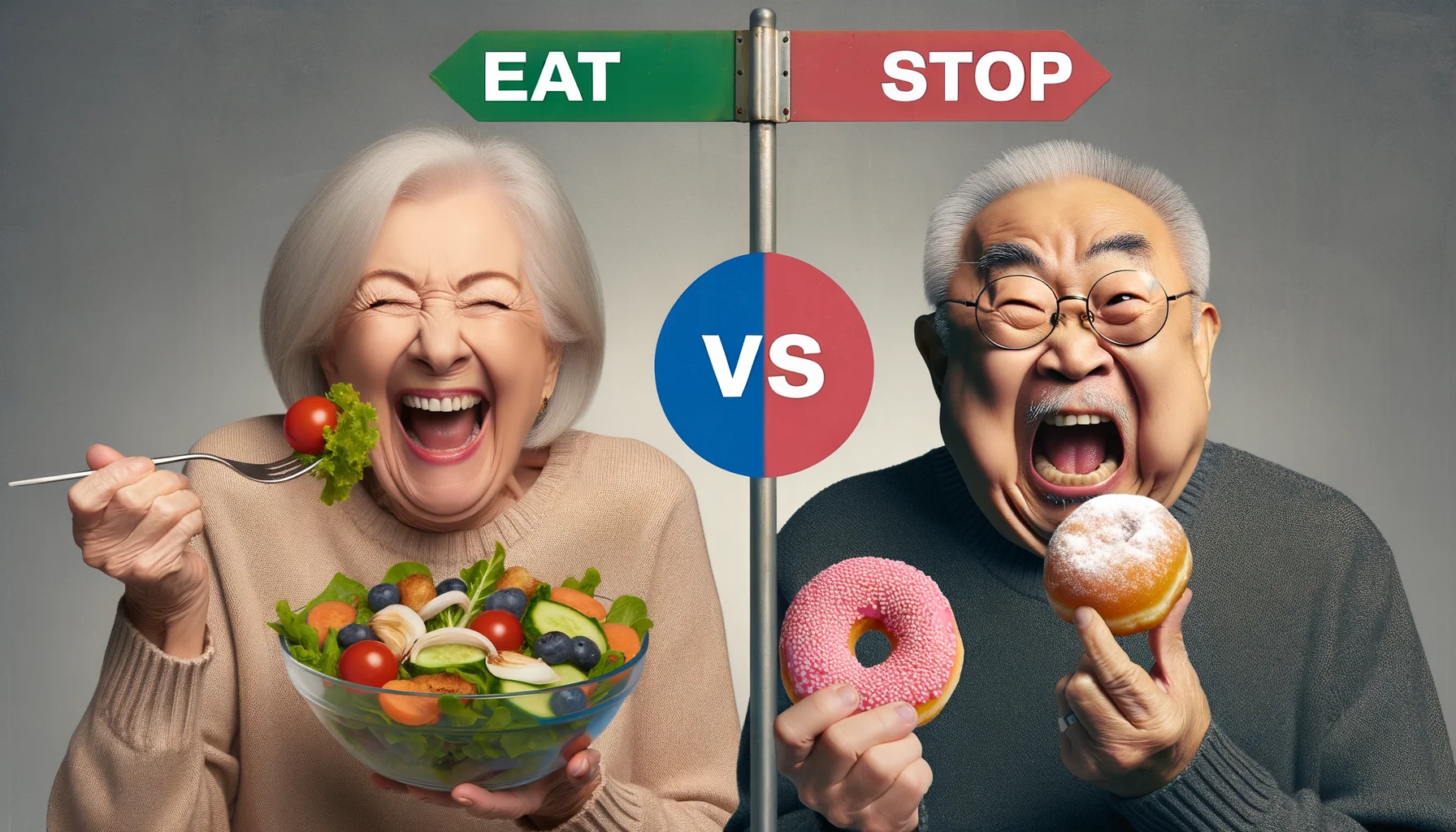 Generate a lighthearted, realistic image that humorously depicts the theme of 'eat, stop, eat' before and after. Picture an elderly Caucasian woman on one side, laughing joyously with a salad in her hand, depicting the 'eat' scenario. Simultaneously, show an elderly Asian man on the other side, depicting the 'stop' scenario where he's making a hilarious face while he is refraining from eating a doughnut. In the middle of the image, place a large playful 'VS' sign separating the two scenes, adding to the humorous feel of the image.