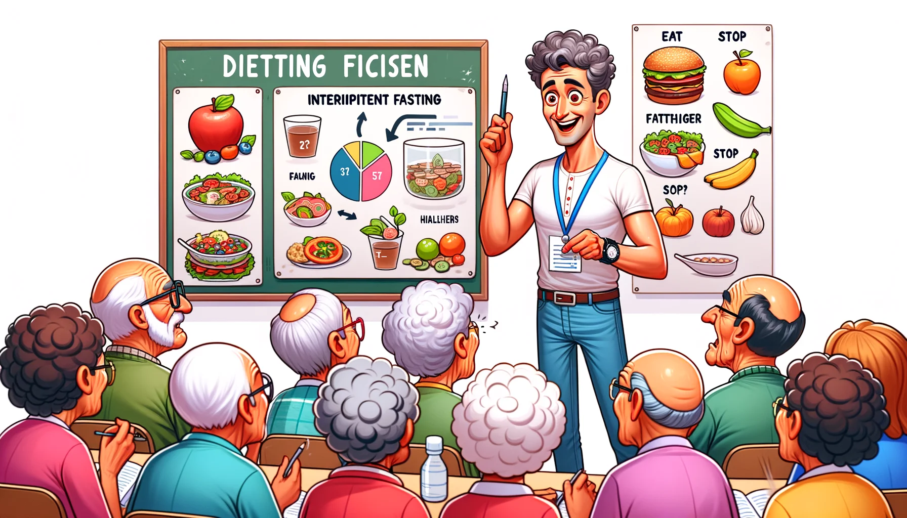 Illustrate a hilarious, realistic scenario related to an older dieting community. Picture a charismatic nutritionist with short curly hair, a friendly face, wearing casual attire. He is seen explaining, with charts and healthier food options, the philosophy of intermittent fasting - 'eat, stop, eat' to an enthusiastic group of elderly individuals. Some confused faces, some very excited and engaged in the concept, leading to funny reactions. Create the image in a colorful, comedic style, capturing the light-hearted essence of the diet conversation.