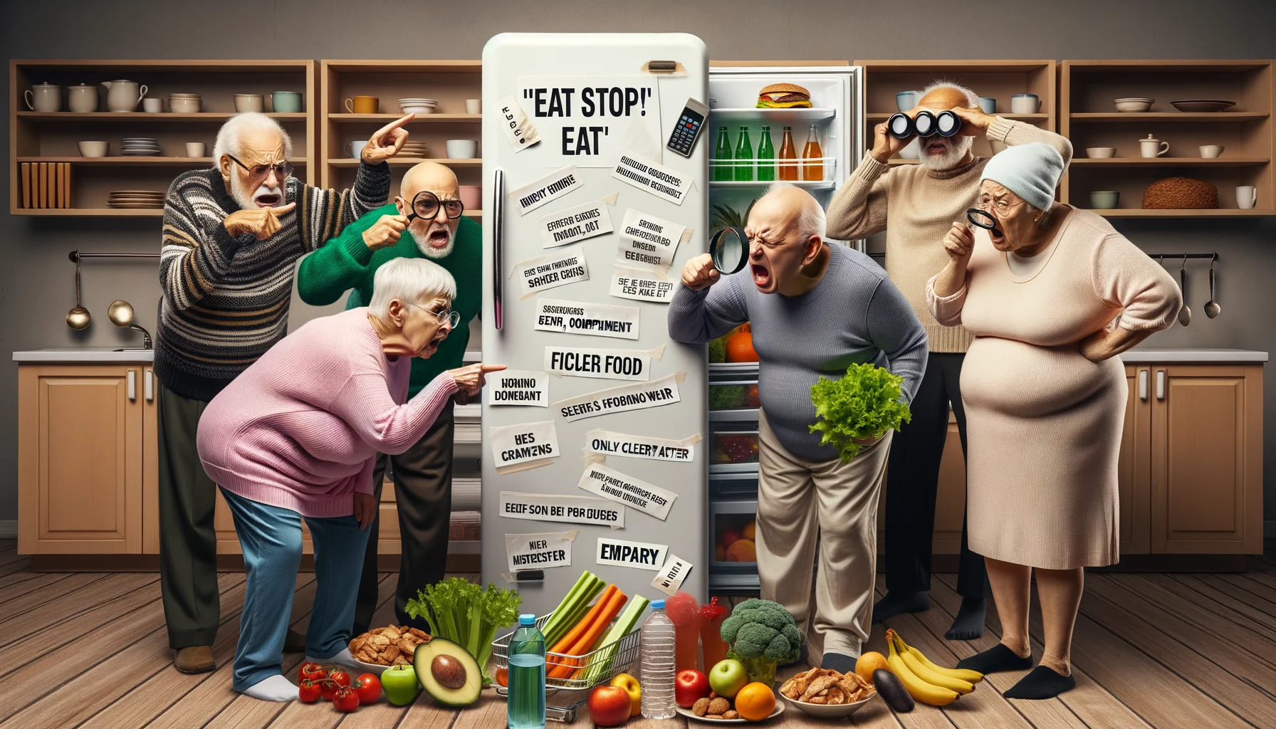 Show a high resolution humorous image in an everyday setting where senior citizens of various descents: Caucasian, Hispanic, Black, and Middle-Eastern, are humorously demonstrating their complaints with an 'Eat Stop Eat' diet. Please include funny details like an overly complicated diet chart, senior individuals trying to decipher tiny food labels with oversized magnifying glasses, and perhaps, a person holding an 'empty' refrigerator door with only celery and water inside. The individuals may be expressive, showing a mix of frustration, confusion, and humor.