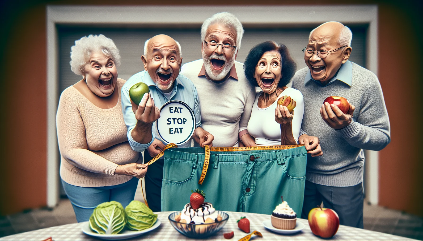 A highly amusing and realistic image of an elderly group each showcasing their 'eat stop eat' diet results. The group includes a Caucasian woman jovially waving a portions-measured plate, a Hispanic man humorously holding up his previously worn larger trousers, a Black woman laughing while holding an oversized apple, and an Asian man puzzlingly looking at a tiny dessert portion. Their facial expressions should reflect their light-hearted take on dieting. Perhaps they are at a senior centre or park, somewhere they gather and interact with each other. Incorporate vibrant colors to enhance the merriment of the scene.