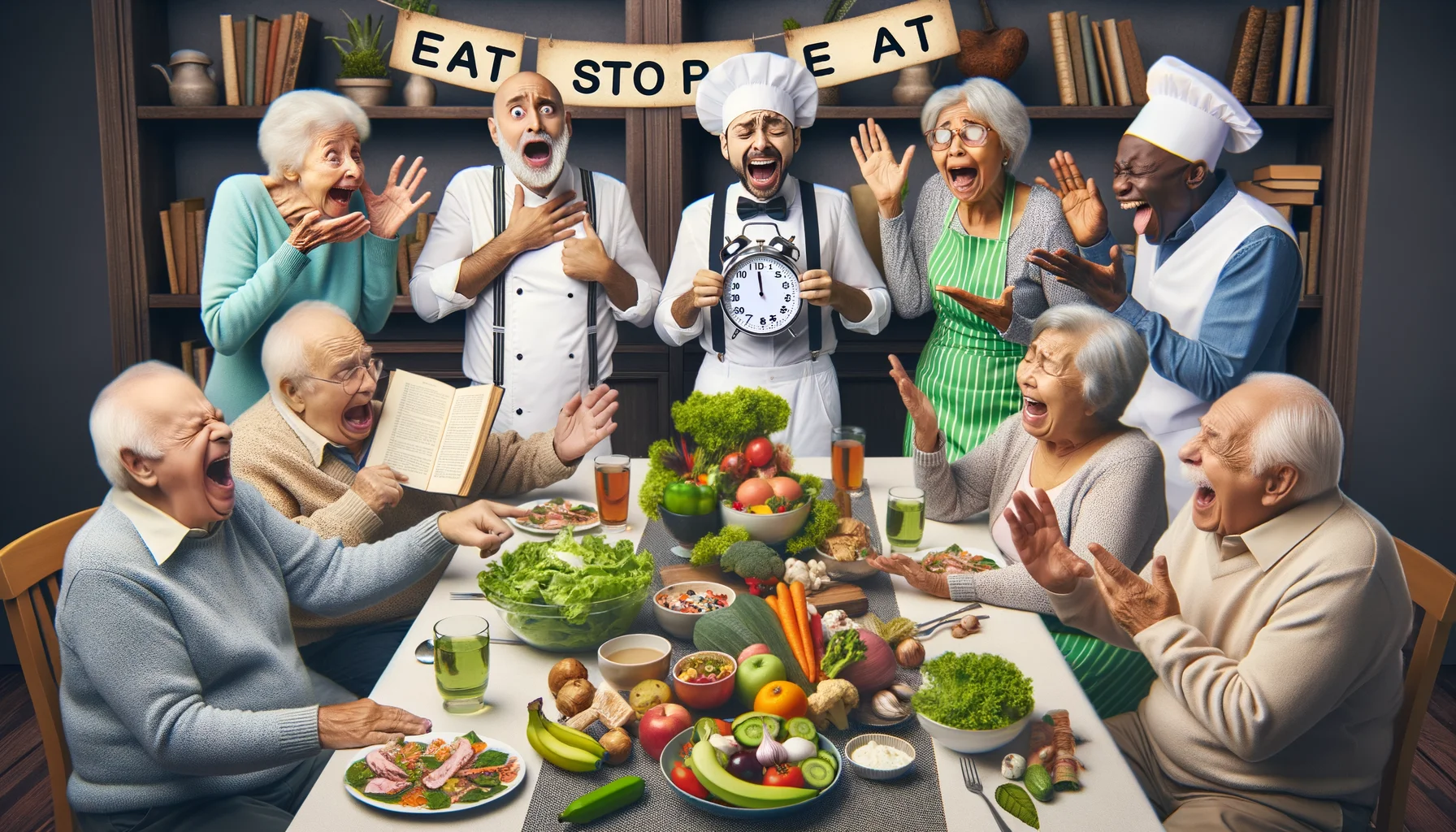 Create a light-hearted and humorous scene depicting elderly individuals sharing their experiences about the 'Eat Stop Eat' diet. Imagine a lively setting like a gathering or meeting where they share their exaggerated trials and tribulations. Capture their animated expressions, funny gestures, and jovial laughter around the table filled with a variety of food. Each person is different - there is an elderly Caucasian man exaggeratedly showing his lost weight, a Black woman laughing hard pointing at a stopwatch, a Middle-Eastern man with a confused look at a leafy salad, a South Asian woman comically examining a diet book, and a Hispanic man joyfully raising a toast to healthy living.