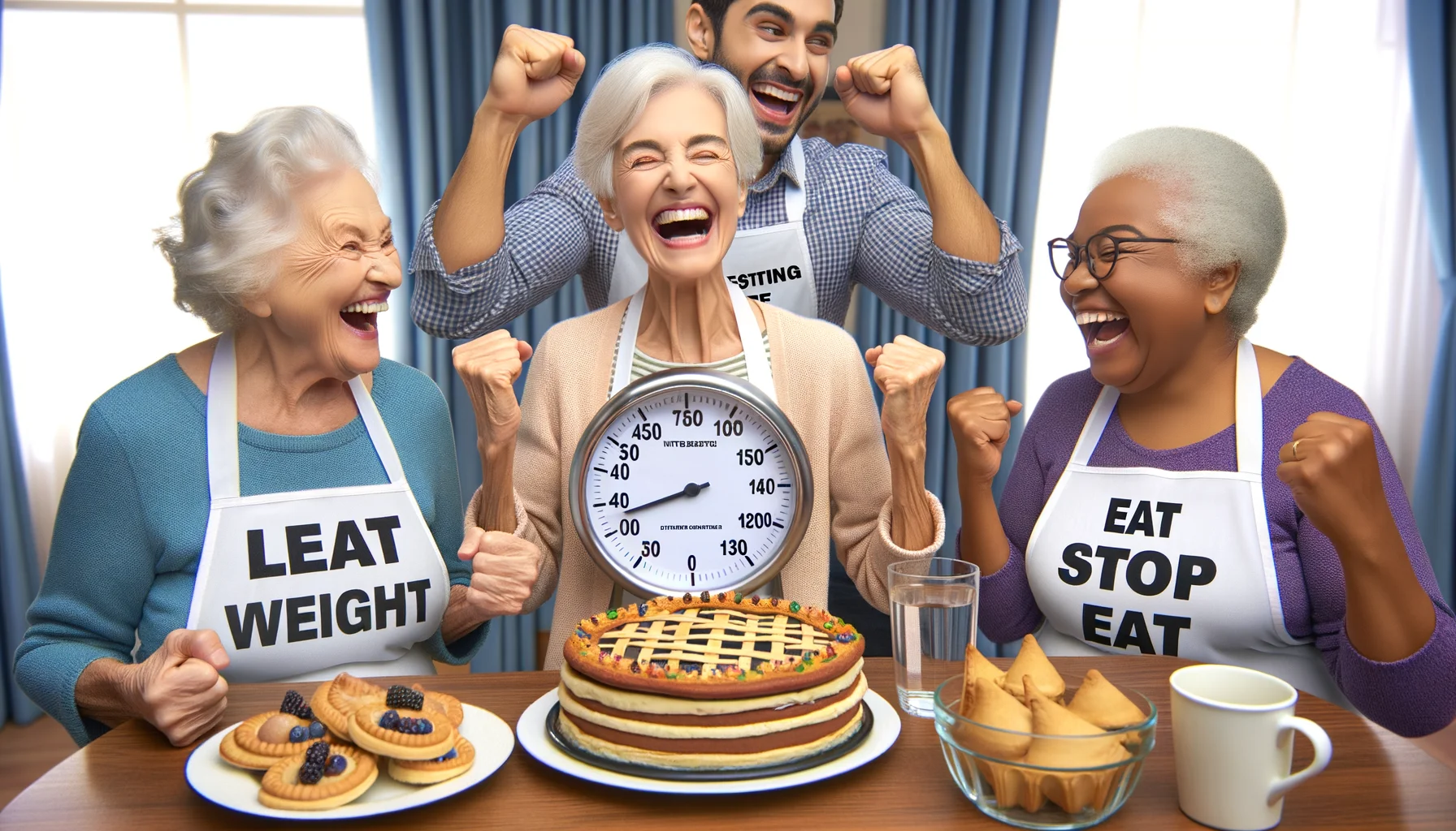 Generate a humorous, realistic image depicting a scene of a group of senior citizens engaging in the 'eat stop eat' intermittent fasting method. The humorous twist should include them not just losing weight but also winning at a local bake sale competition or beating their grandchildren at a pie-eating contest due to their new found dietary discipline. There's a Caucasian elderly woman who is spirited and full of joy, a South Asian elderly man who is quite competitive, and a Black elderly woman who is mischievous.