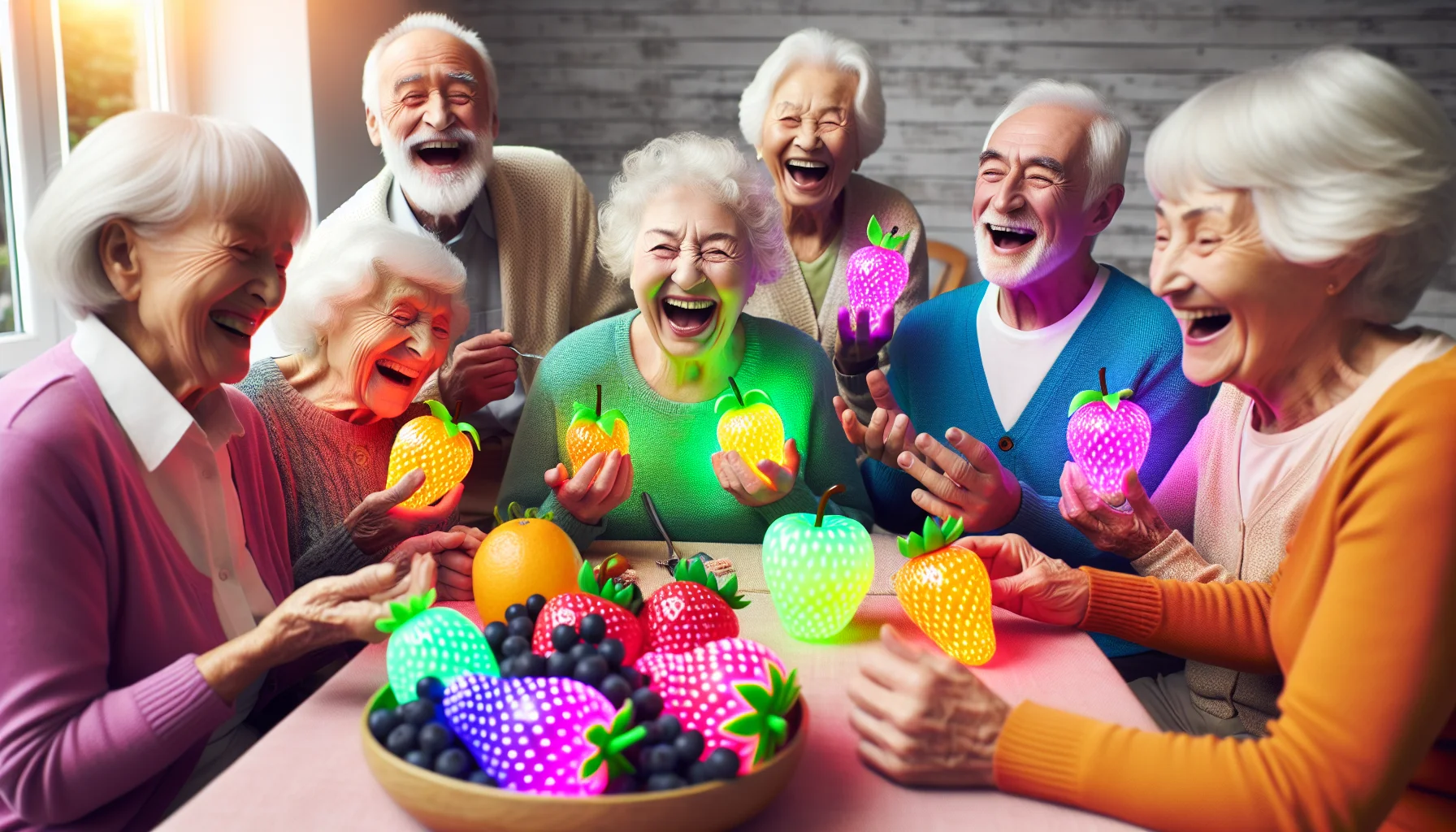 Generate a humorous, realistic image featuring energy fruits in a lively senior citizens' home. Envision a gathering of elderly individuals of varied gender and descent including Caucasian, Hispanic, Black, Middle-Eastern, and South Asian. These lovely seniors are enjoying a colorful assortment of energy fruits like neon-green kiwis, dazzling blue strawberries, and glowing purple mangoes. They're laughing heartily, exchanging tales of yesteryears while relishing their healthy snacks. Some are scrutinizing diet charts with amused expressions, finding the mention of 'energy fruits' baffling. Yet, the joy and spontaneity in the room light up their lives as much as the luminescent fruits they are enjoying.