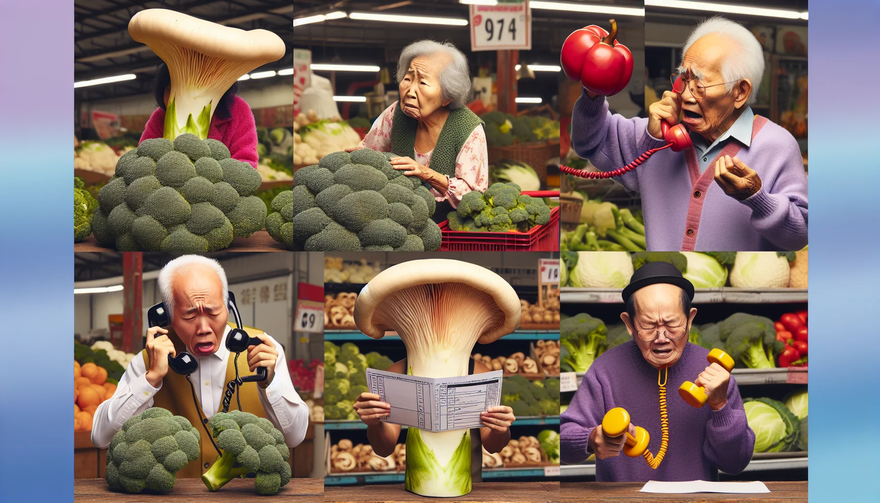 Create a humorous yet realistic image of seniors at a vegetable market. Show a confused elderly Asian woman holding a giant king trumpet mushroom like a telephone. Include a Caucasian old man near a pile of broccoli, trying to use them like dumbbells. To the side, a Middle-Eastern elderly person is reading the food allowance card upside down with a magnifying glass. The situations emphasize the importance of a diverse diet and healthy eating while also highlighting the humor and warmth in their everyday lives.
