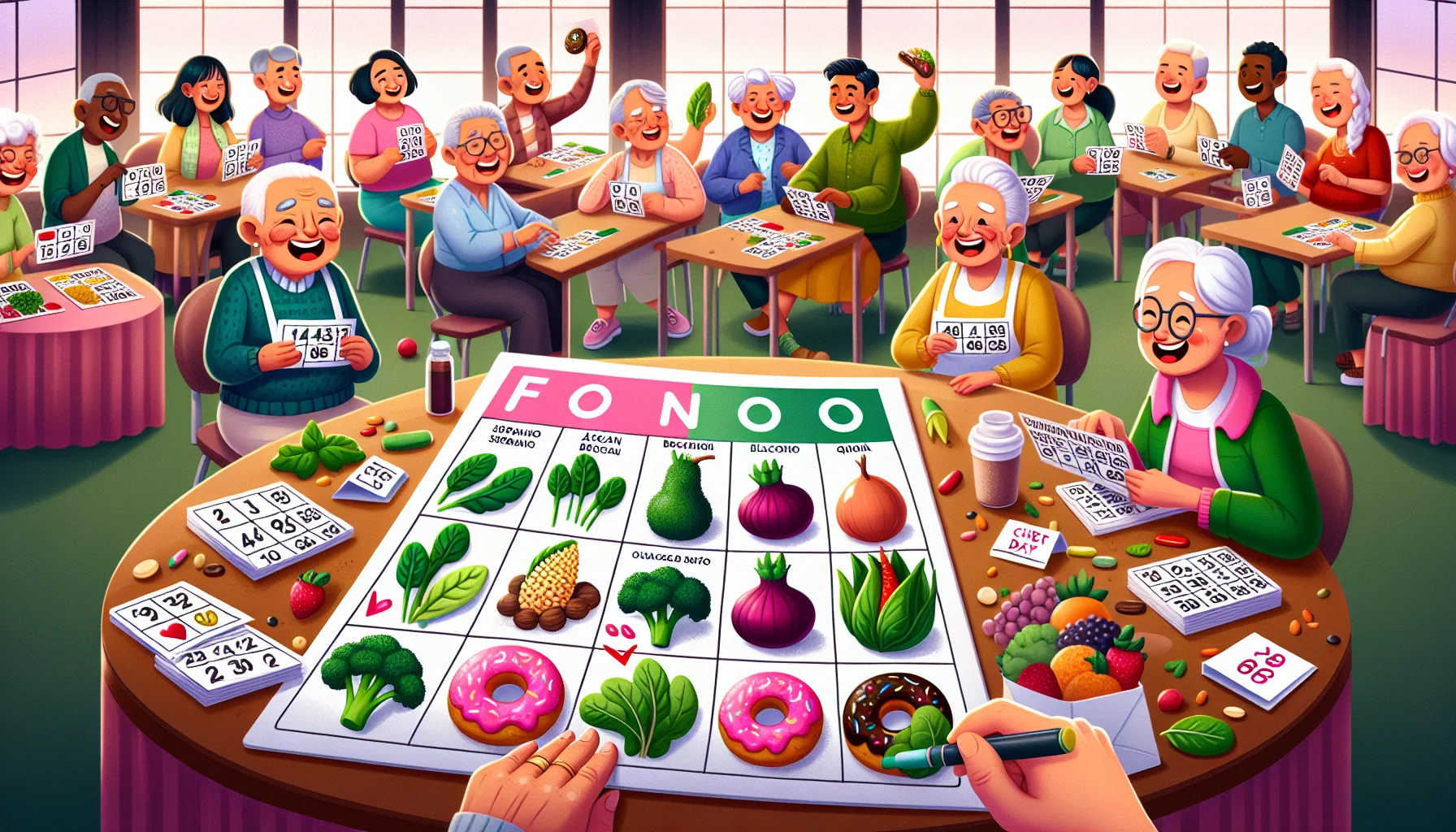 Design an amusing and realistic image capturing an array of food cards for seniors. Picture a scene with a lively bingo set-up, where instead of numbers on cards, there are colorful pictures of healthy foods like spinach, broccoli, and quinoa. Picture seniors laughing and joking around, each person of Asian, African, Hispanic, Middle Eastern, and Caucasian descent participating. They eagerly mark off healthy foods on their cards as they are being called out. Include in the scene a couple of seniors surreptitiously trading veggies for a 'cheat day' doughnut under the table, bringing a spark of humor to the notion of healthy eating.